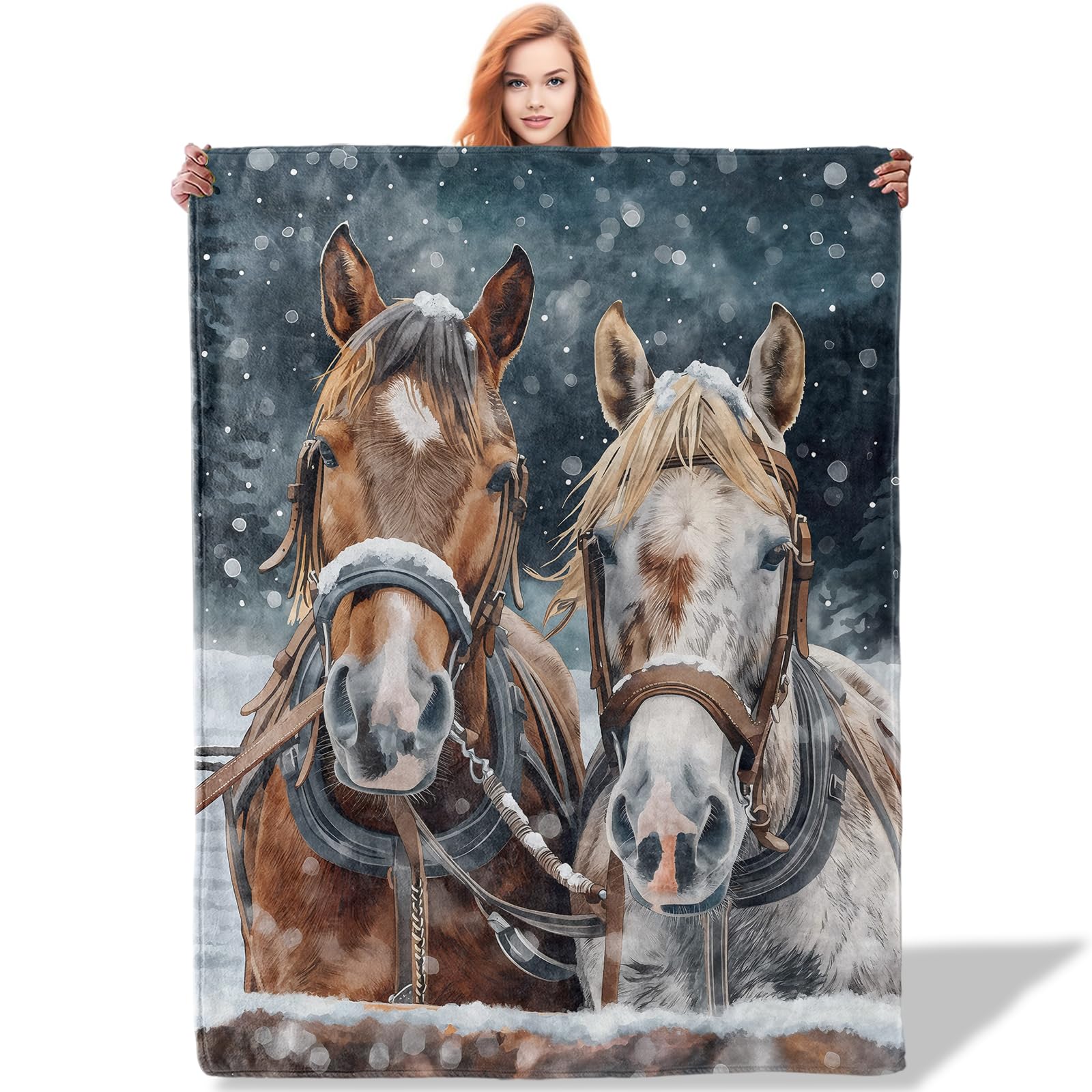 Plistiz Snowy Horses Throw Blanket 50"x60", Winter Season Blankets for Couch Bed Decor, Warm Flannel Polyester Horse for Adults Kids