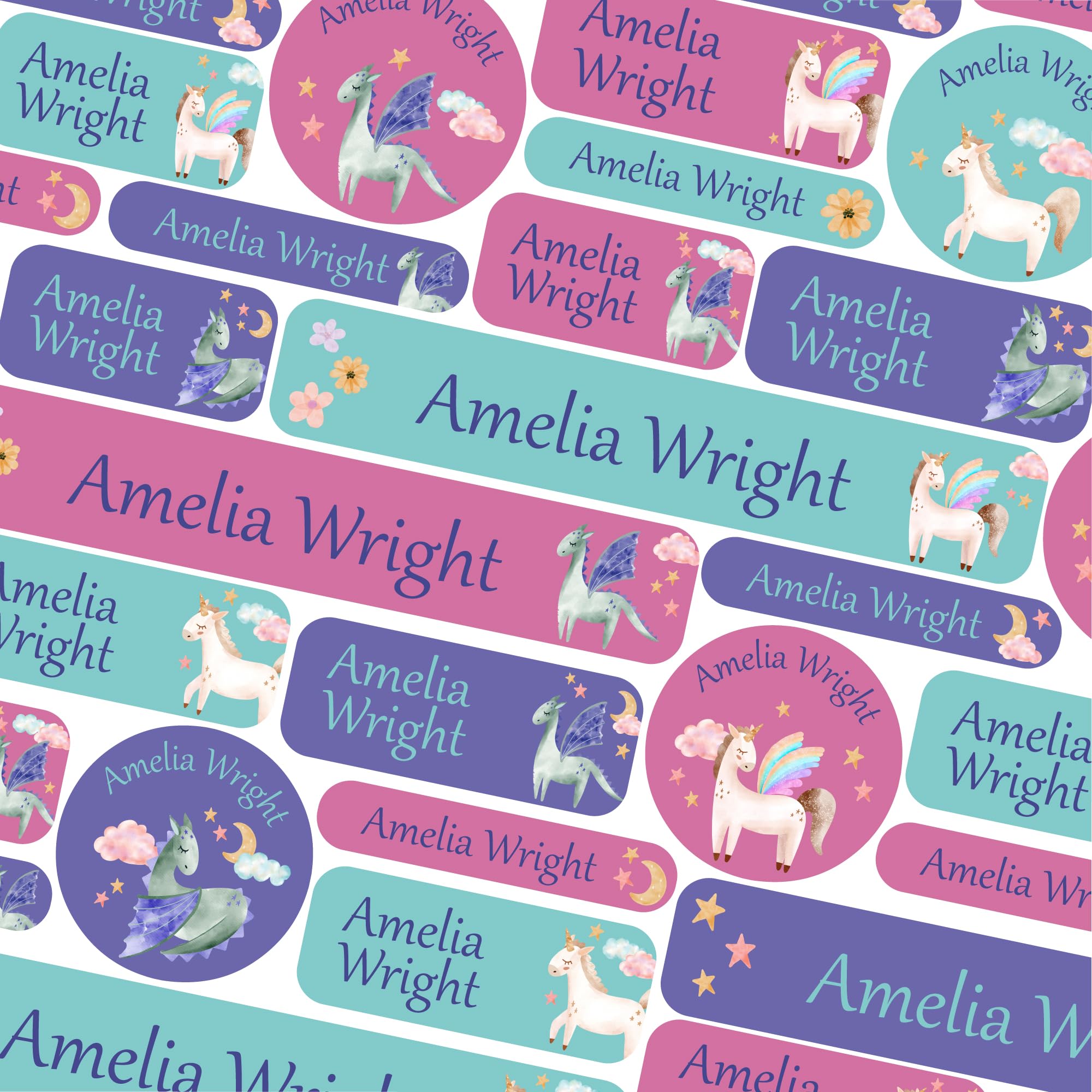 50 Name Labels for Kids No Iron Name Tags for Clothes Name Stickers for Water Bottles, School Uniform, School, Nursery, Care Homes, Washable and Dishwasher Safe for Children (Unicorns and Dragons)