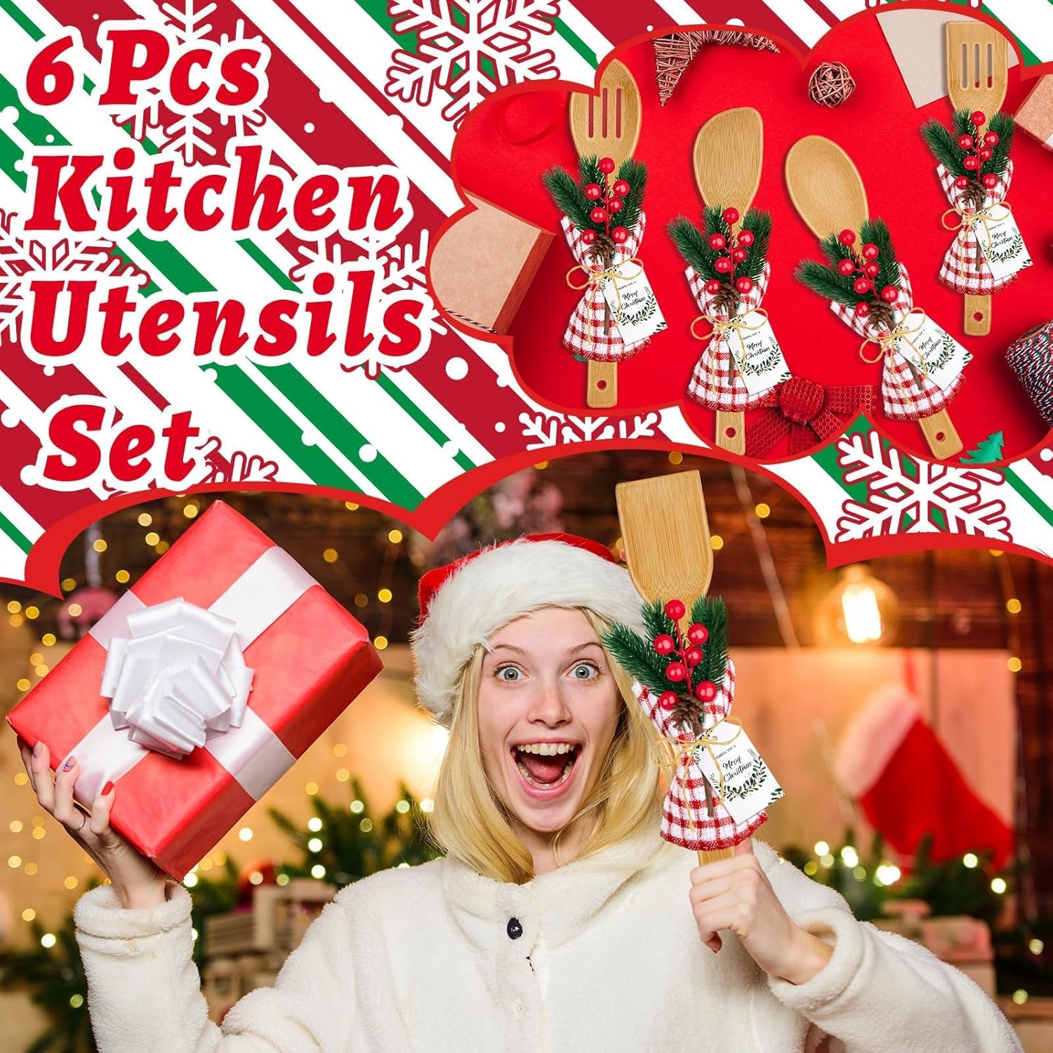 6 Set Christmas Gifts Kitchen Utensils Set with Holder Spatulas Bamboo Spoons Tag for Christmas Holiday Gift Kitchen Utensils Party Decoration
