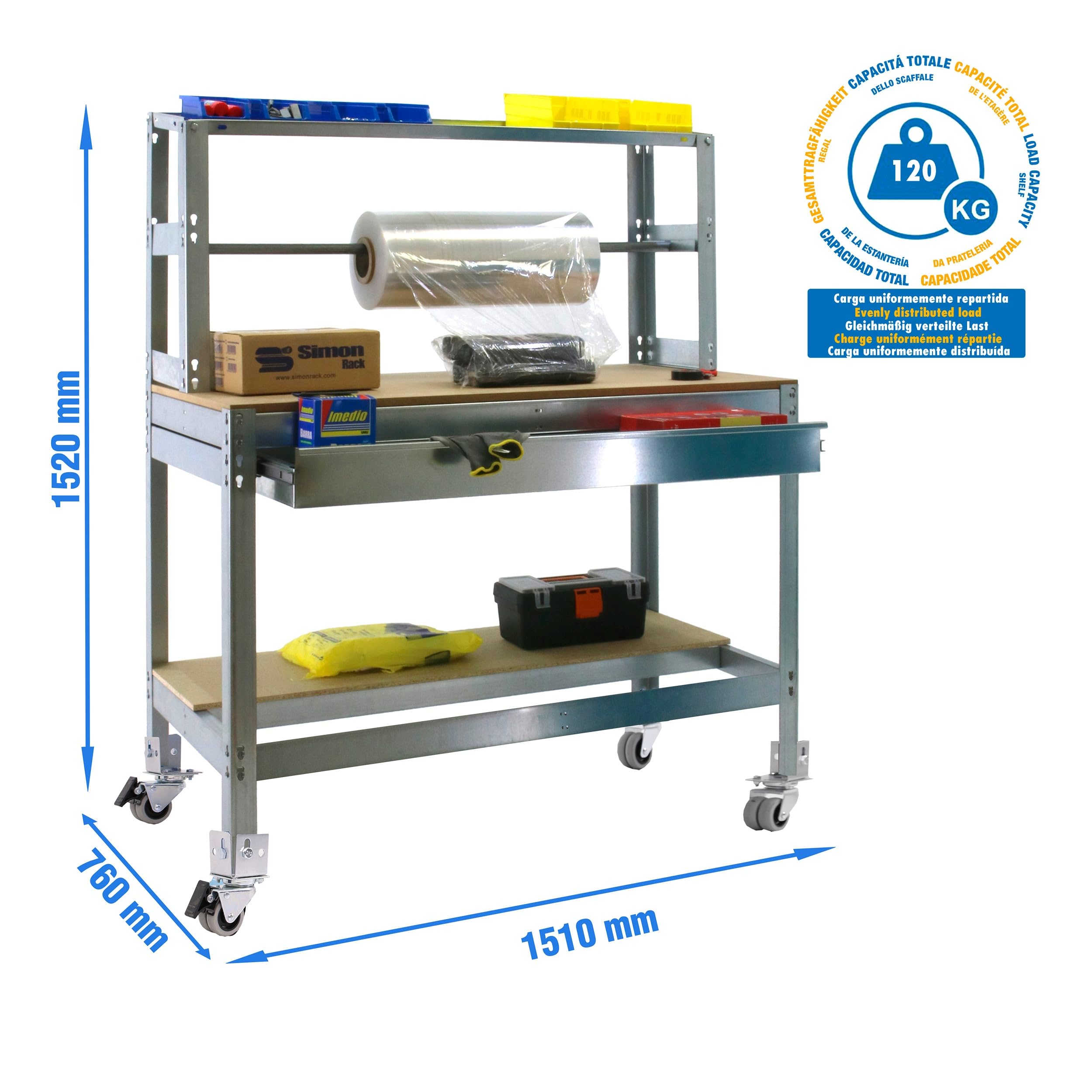 Simon Rack Banco de Trabajo Taller con Ruedas 1510x760 mm - BT4 | Porta Rollo y Cajón, Tablero madera 16 mm, Capacidad Carga 120 kg, Galva , Pintura anticorrosión, Montaje sistema clic