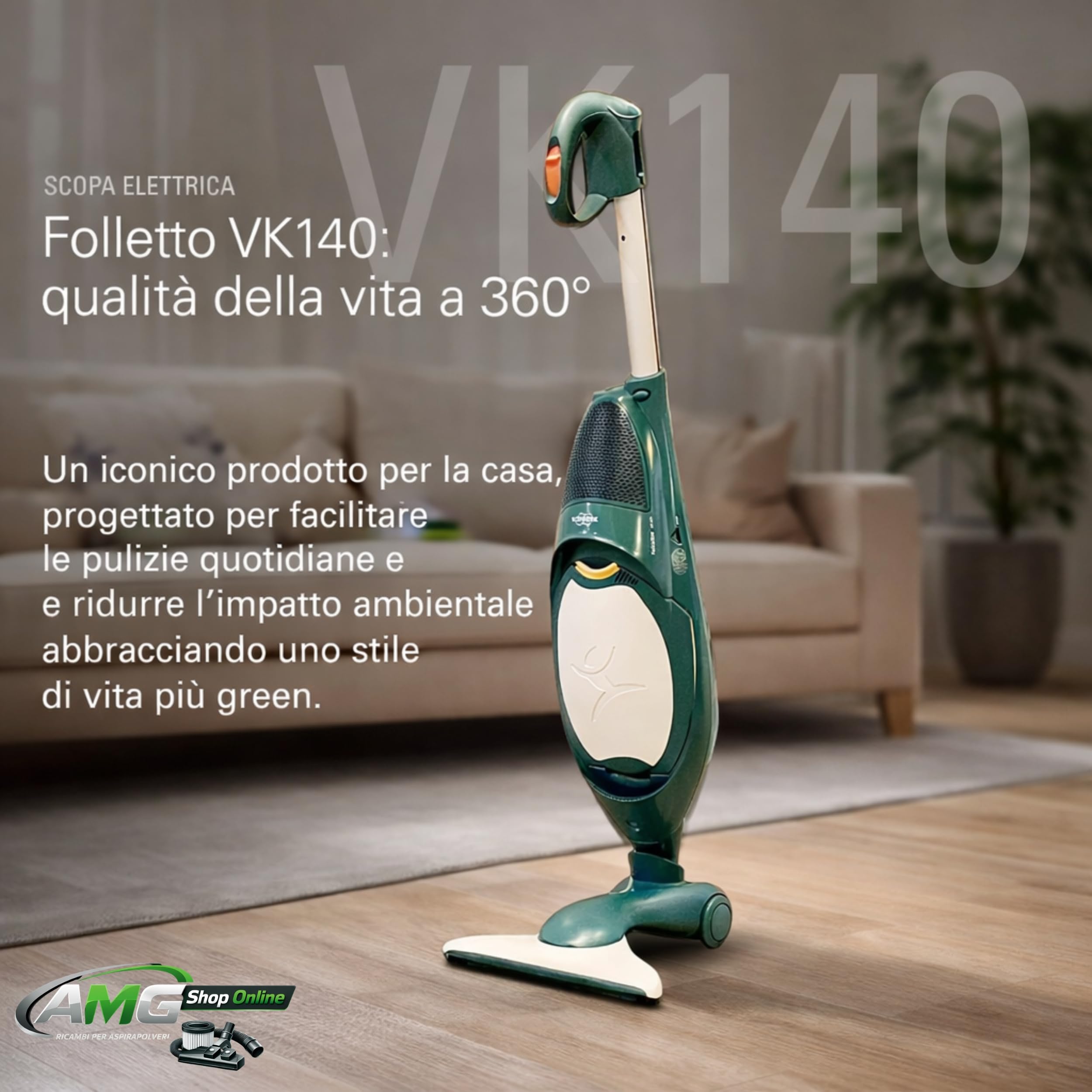 Aspirapolvere VK140 FOLLETTO + Spazzola HD40 + 6 Sacchetti, Sacco 2,5L, Filtri e Profumini Inclusi, Motore Originale, 74 dBA, 3 kg, Garanzia 2 Anni