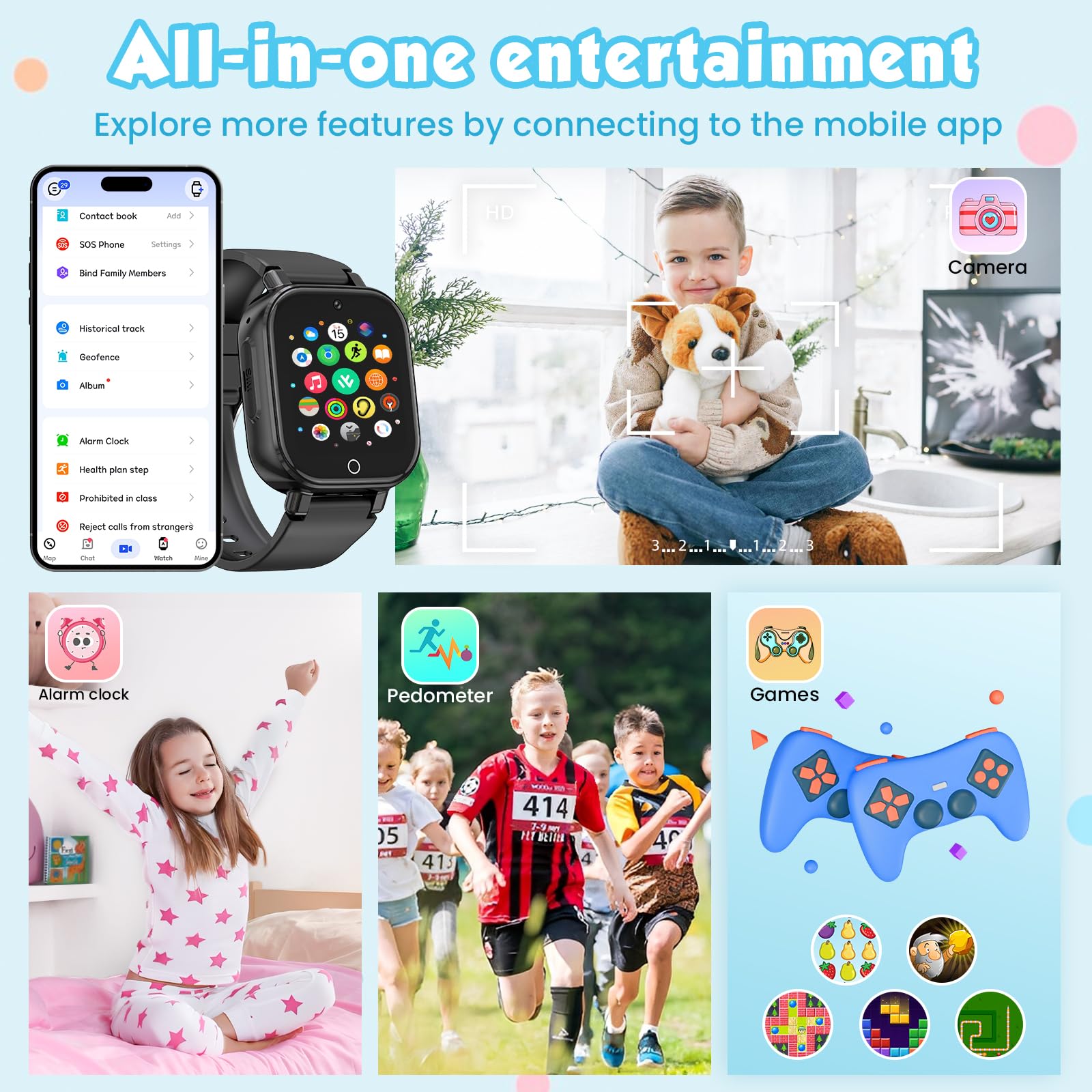 4G Smartwatch Kinder mit GPS und Telefon, Armbanduhr Junge Mädchen mit Video/Telefonanruf, SOS Notruf, Wecker, Schulmodus, Schrittzähler, Puzzlespiel, Kinderuhr für Geschenke 4-12 (4G Black)