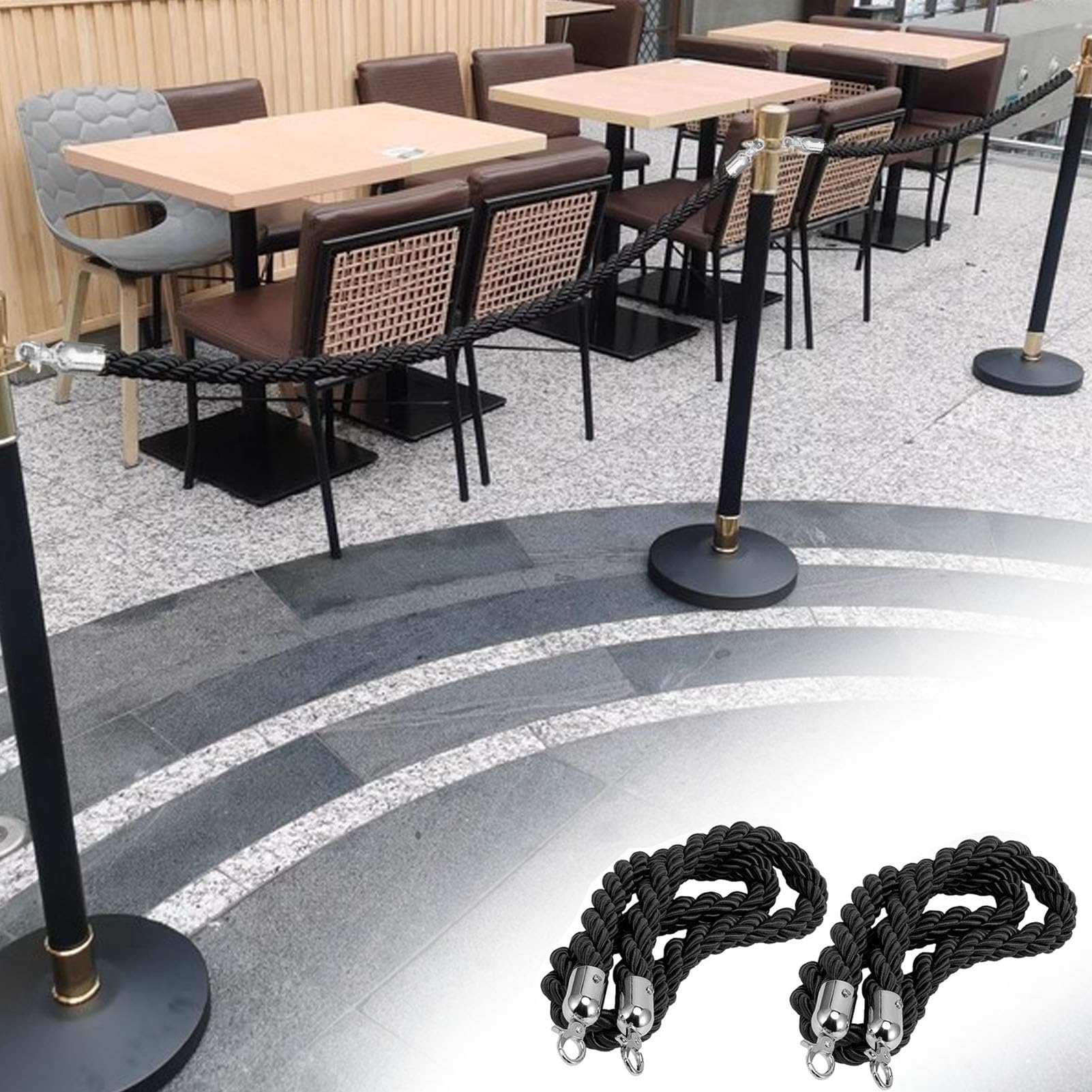 Stanchion Rope Set of 2 Black Queue Barrier Twist Rope, Decorative Rope Safety Queue Stanchion Ropes Kit, Hanging Crowd Control Handrail Braided Rope for Hotel Bar(200cm/6.6ft/79in)