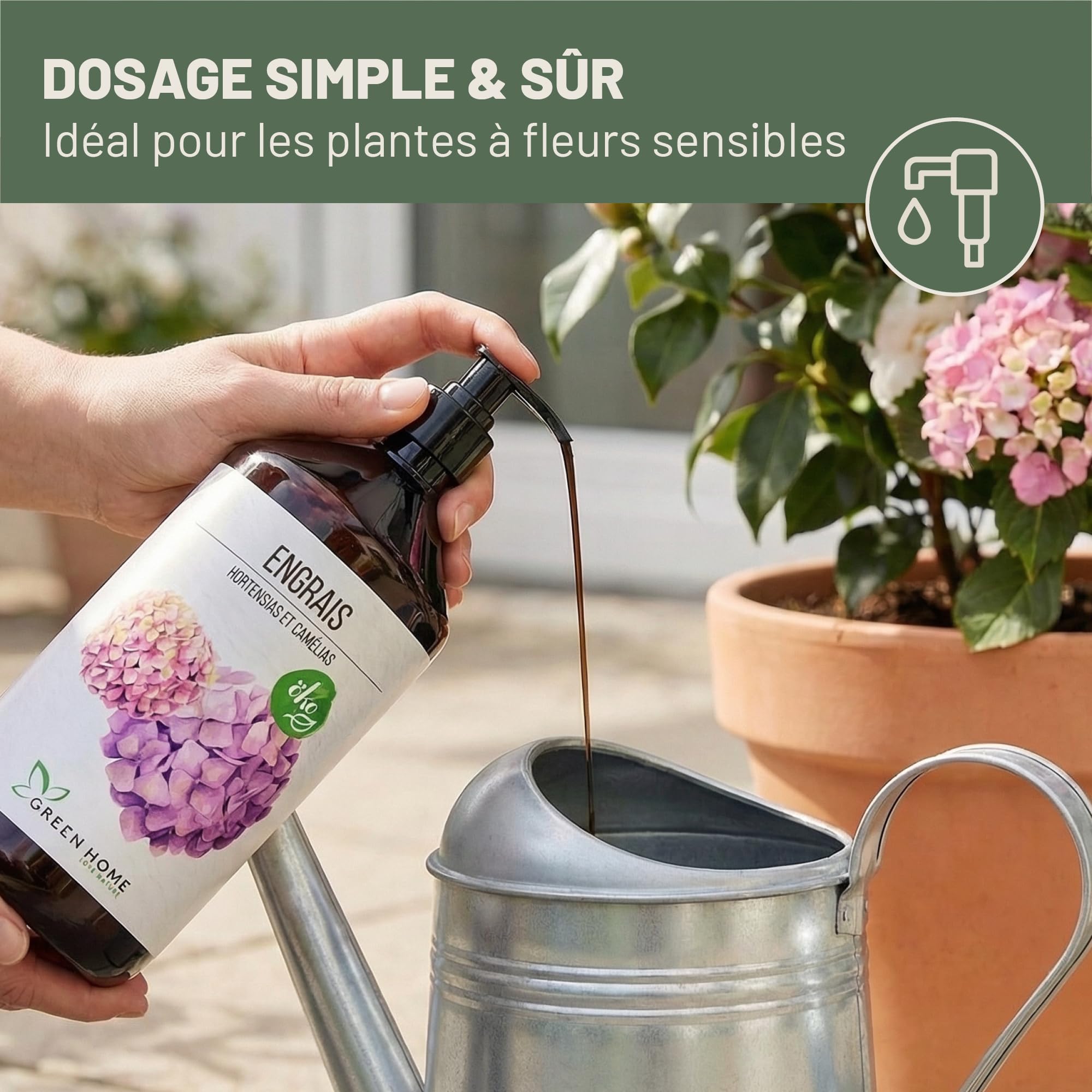 Green Home Engrais Hortensia & Camélia Liquide 1 L avec Pompe Doseuse NPK 5-5-7 – Engrais Hortensia Liquide pour Hortensias, Camélias et Rhododendrons
