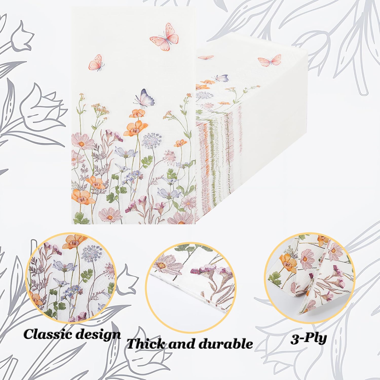 100Pcs Floral Butterfly Disposable Guest Paper Napkins image 3