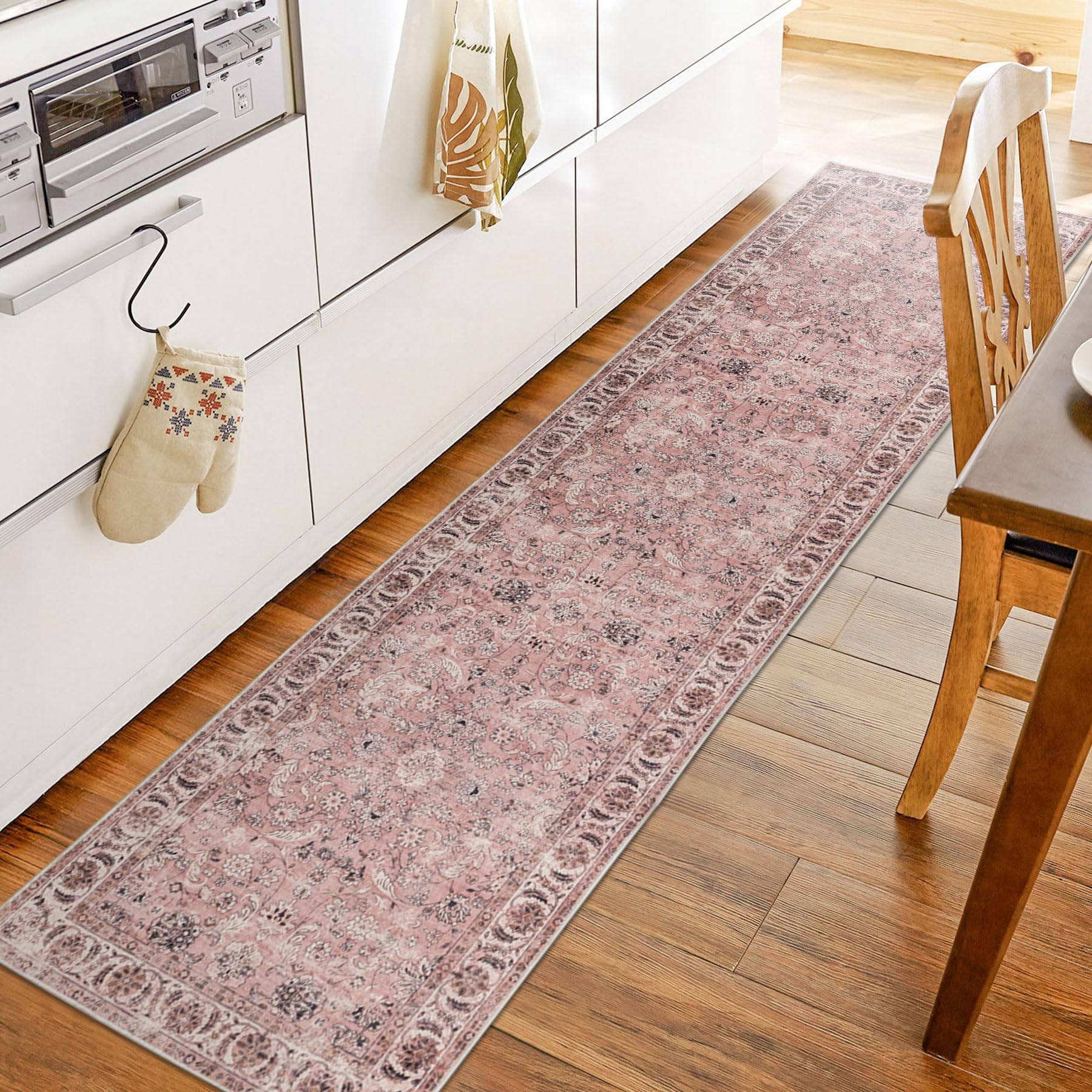 DAMAIA Waschbare Vintage-Fußmatte – Kurzflor, Rutschfest, Boho-Design (versch. Größen, Rosa)