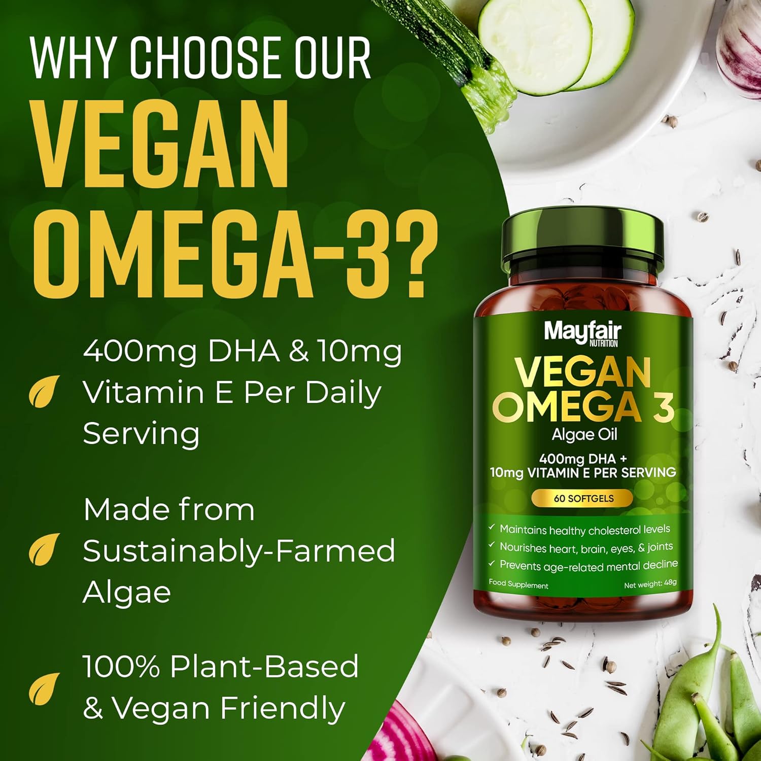 Vegan Omega 3 from Sustainable Algae Oil 60 Vegan Capsules Rich in