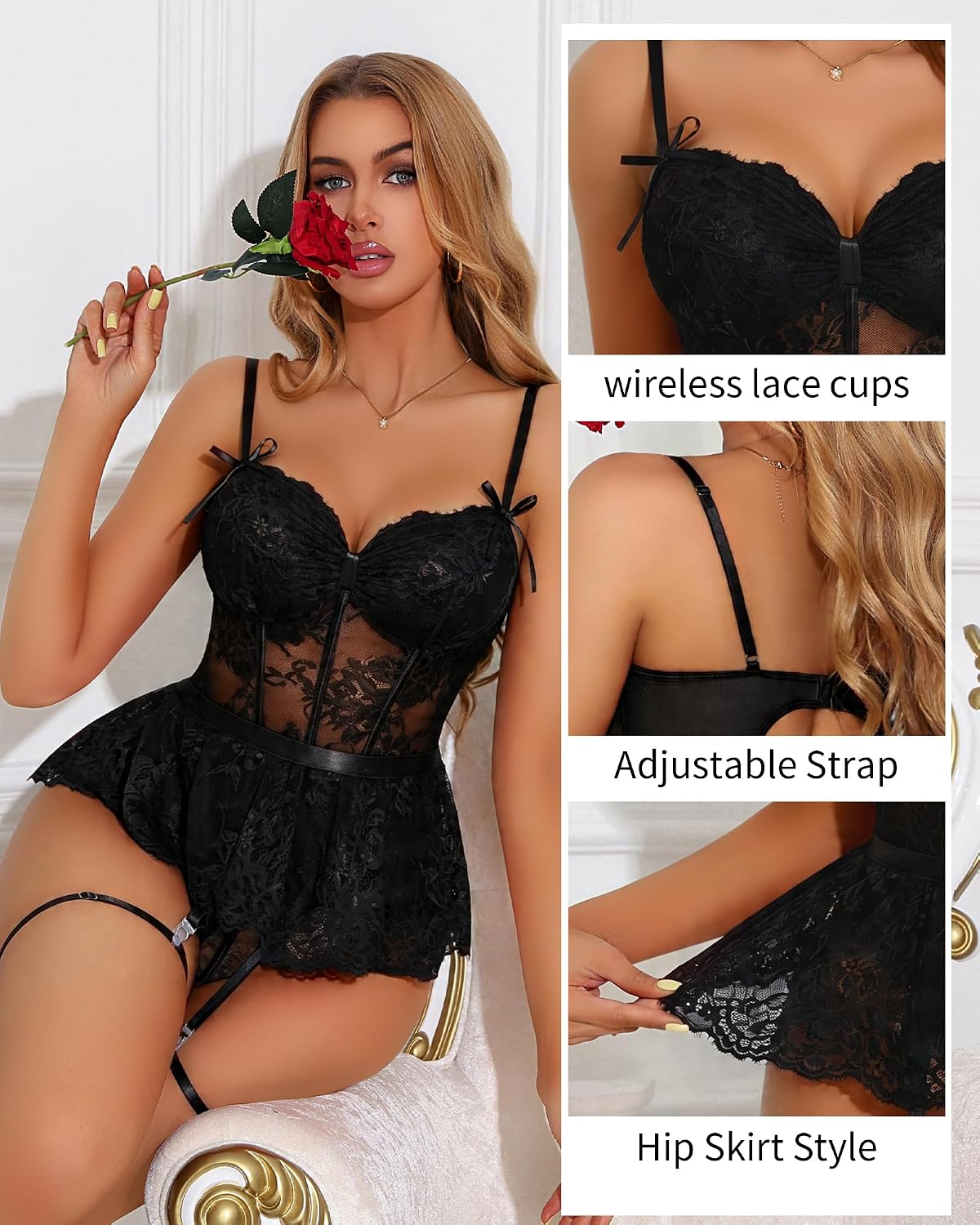 Women Lingerie Lace Bodysuit Skirt Babydoll Set Sexy Teddy Sleepwear