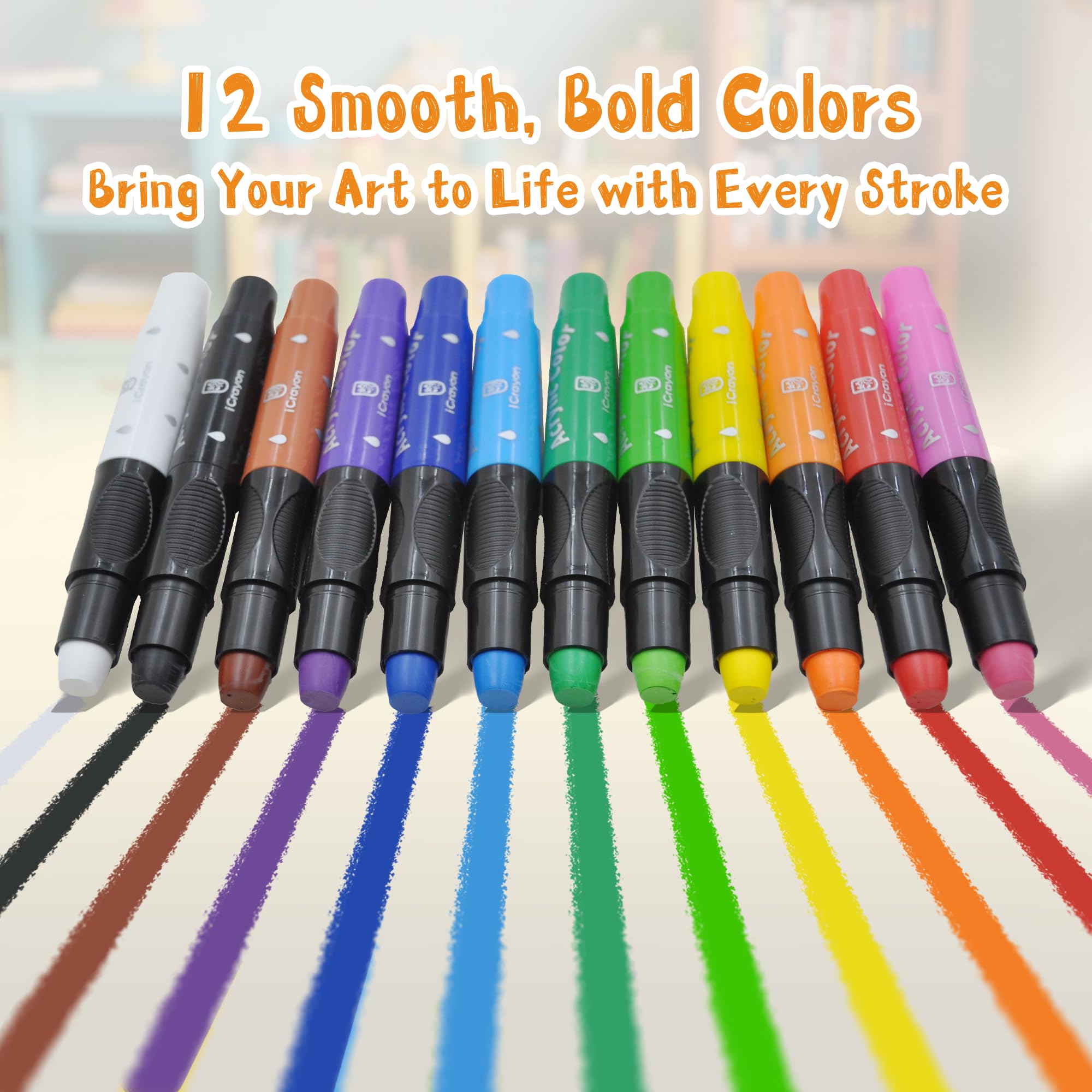 iCrayon Set di Stick di Pittura a Tempera Jumbo, 12 Colori – Facili da Usare, Lavabili, Non Tossici, Ideali per Bambini