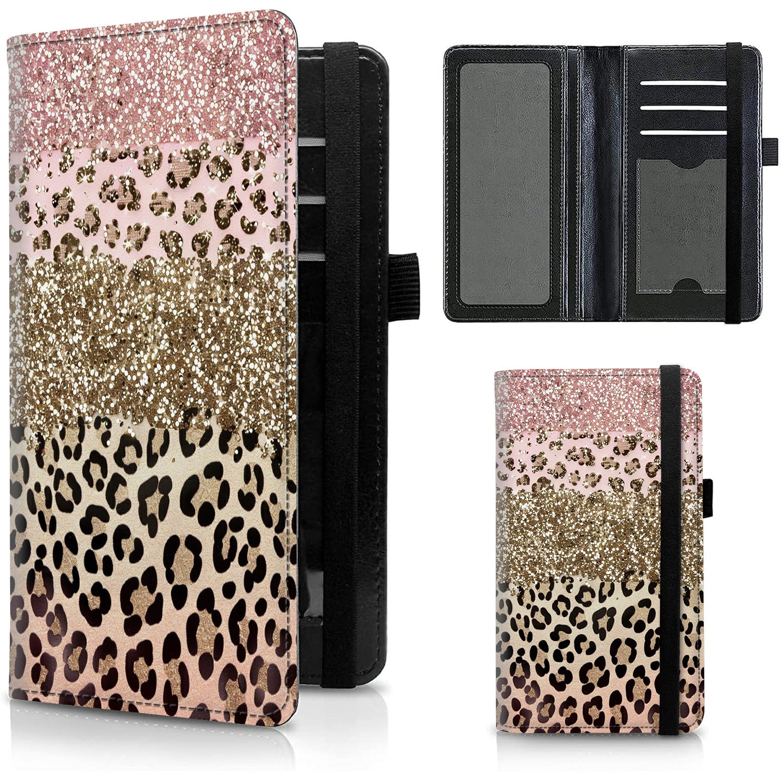 FUYOCWE Leather Checkbook Covers for Men Women Check book Holder Cover Wallets for Personal Checkbook Duplicate Checks with RFID Blocking &amp; Elastic Strap-Pink Gold Leopard print