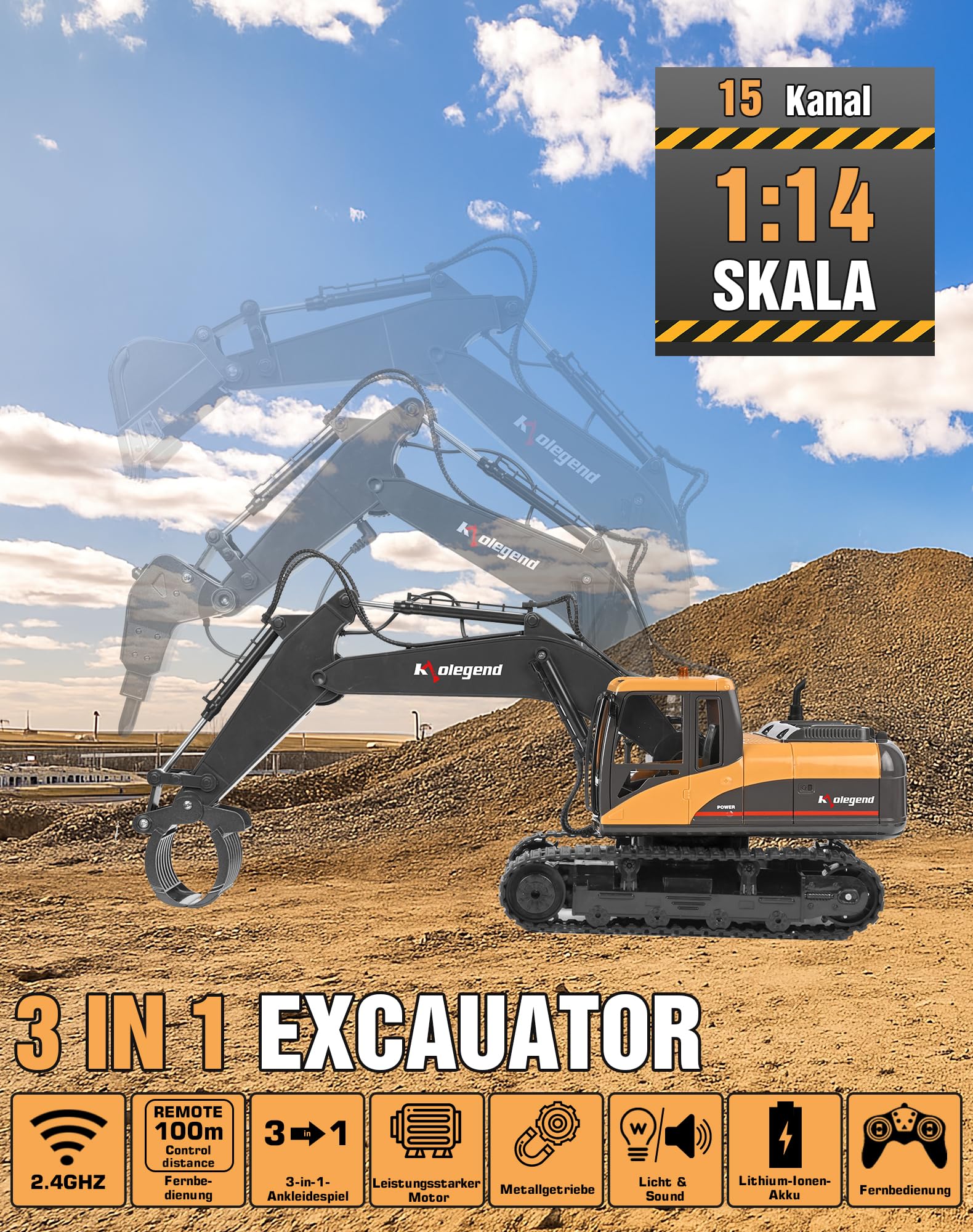 kolegend 3-in-1 Fernbedienungs-Bagger Spielzeug 1/14 Ma?stab RC-Bagger 15-Kanal-Upgrade voll funktionsf hige Baufahrzeuge mit Werkzeug Metallbrecher und elektrischem Greifer