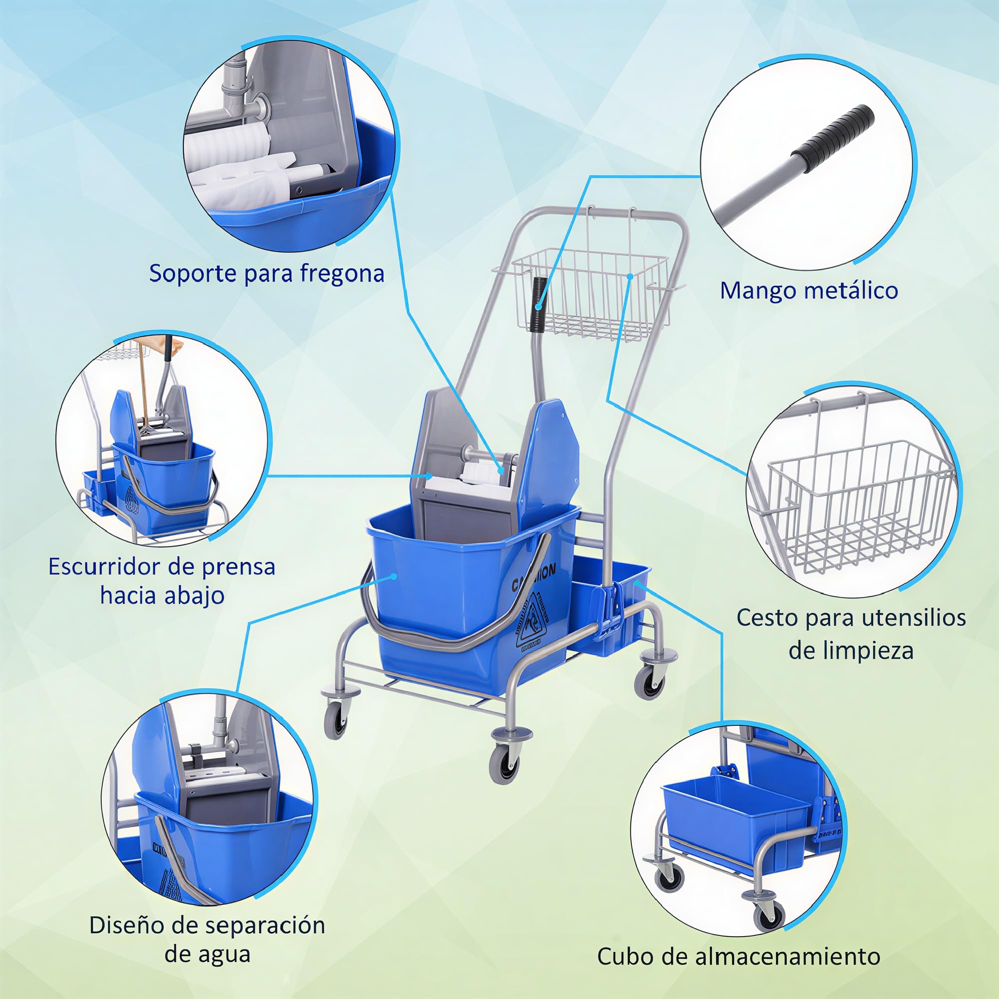 HOMCOM Carrello per la pulizia del carrello di servizio con secchi di mocio da 25 l, scolapiatti e ripiani per hotel ufficio, 72 x 49,5 x 95 cm, blu