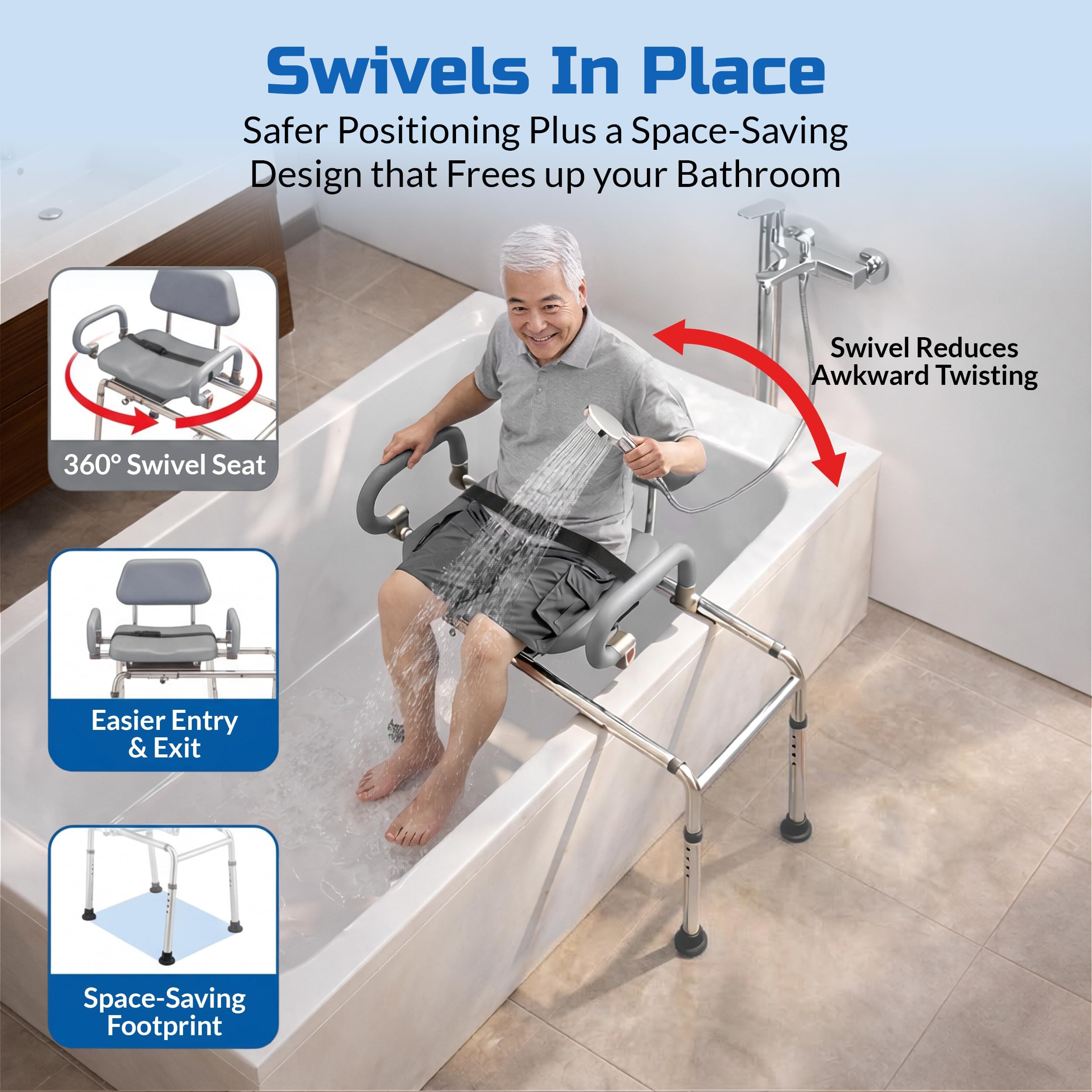 Banco de Transferencia Deslizante de carrusel con Asiento Giratorio. Silla de baño y Ducha Acolchada Brazos pivotantes. Diseño de Ahorro de Espacio para bañeras y duchas.