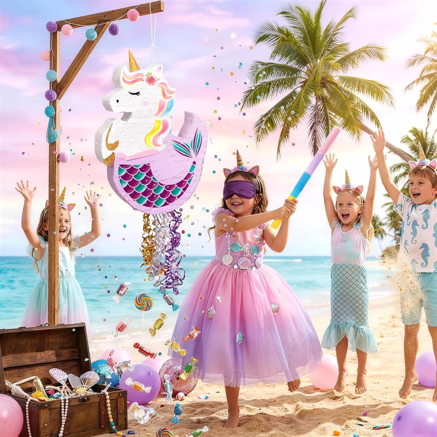 WERNNSAI Unicorn Mermaid Piñata - Unicorn or Mermaid Party Supplies Piñata Bundle with Blindfold, Bat for Girls Kids Rainbow Unicorn Mermaid Theme Birthday Game Decorations (16.5" x 12.4" x 2.9")