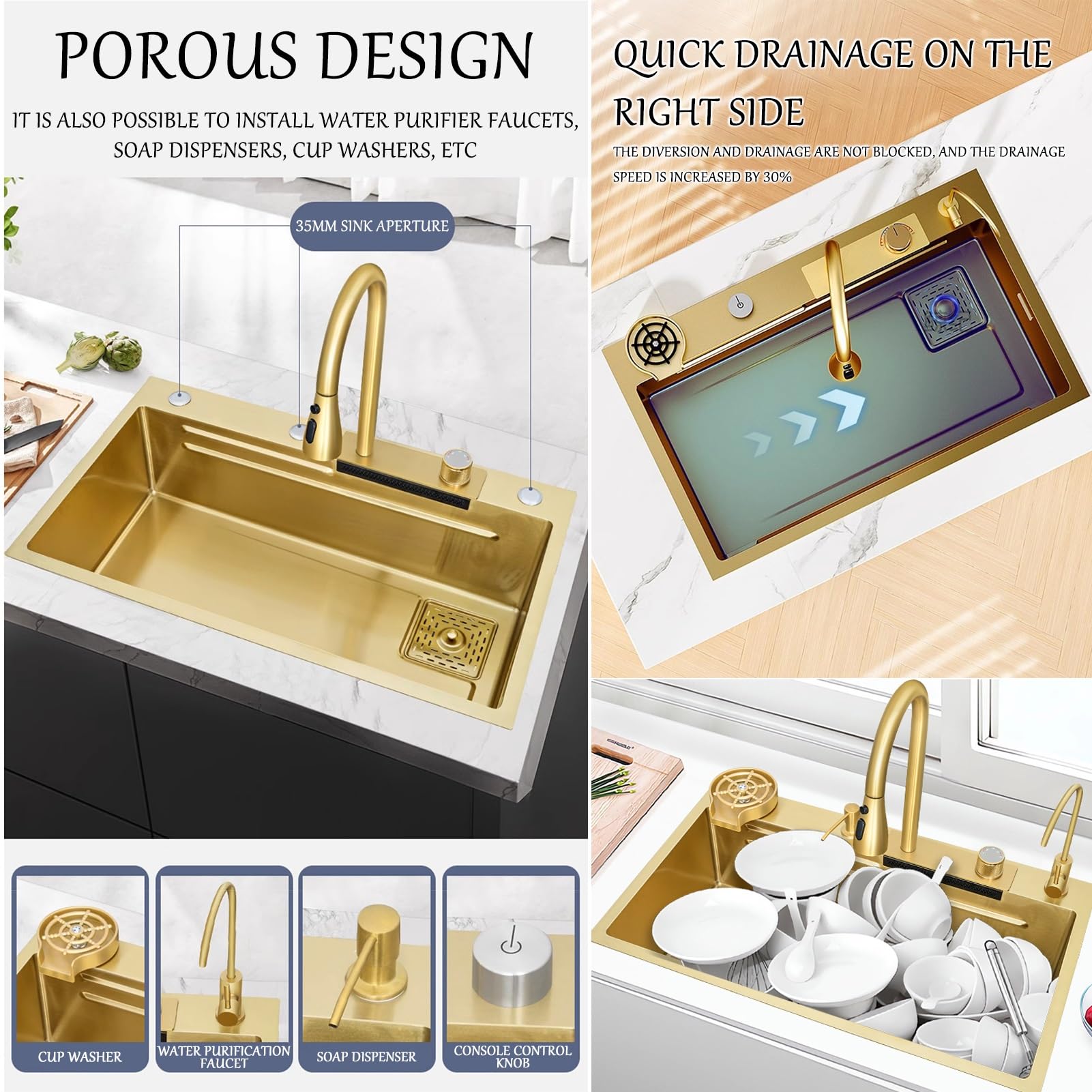 Fregadero de cascada dorada, fregadero de cocina multifuncional 304 fregadero de acero inoxidable, fregadero con grifo multifuncional dorado y otros accesorios (Color : Gold, S : 75x45cm)