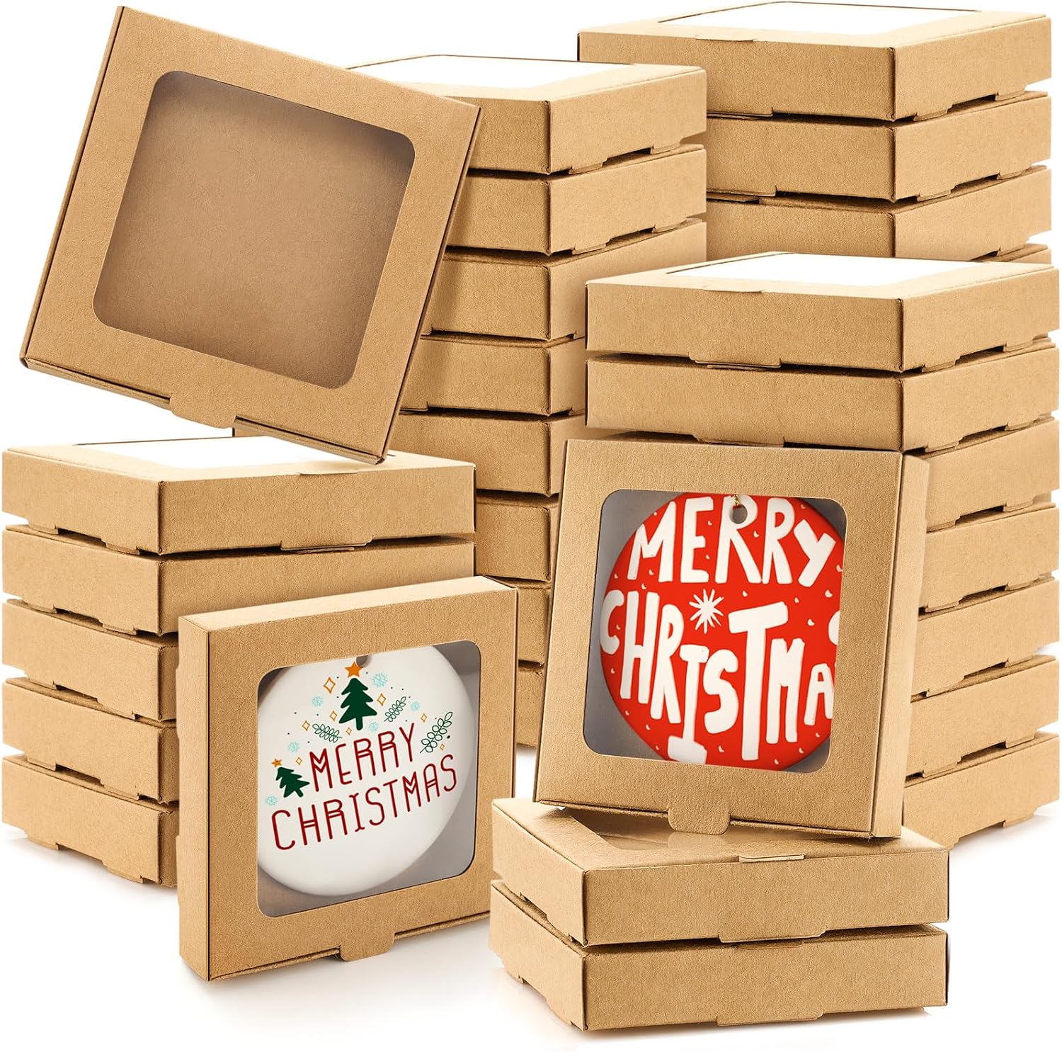 Dunzoom 50 Pcs Christmas Sublimation Ornament Blanks Box, Kraft Paper