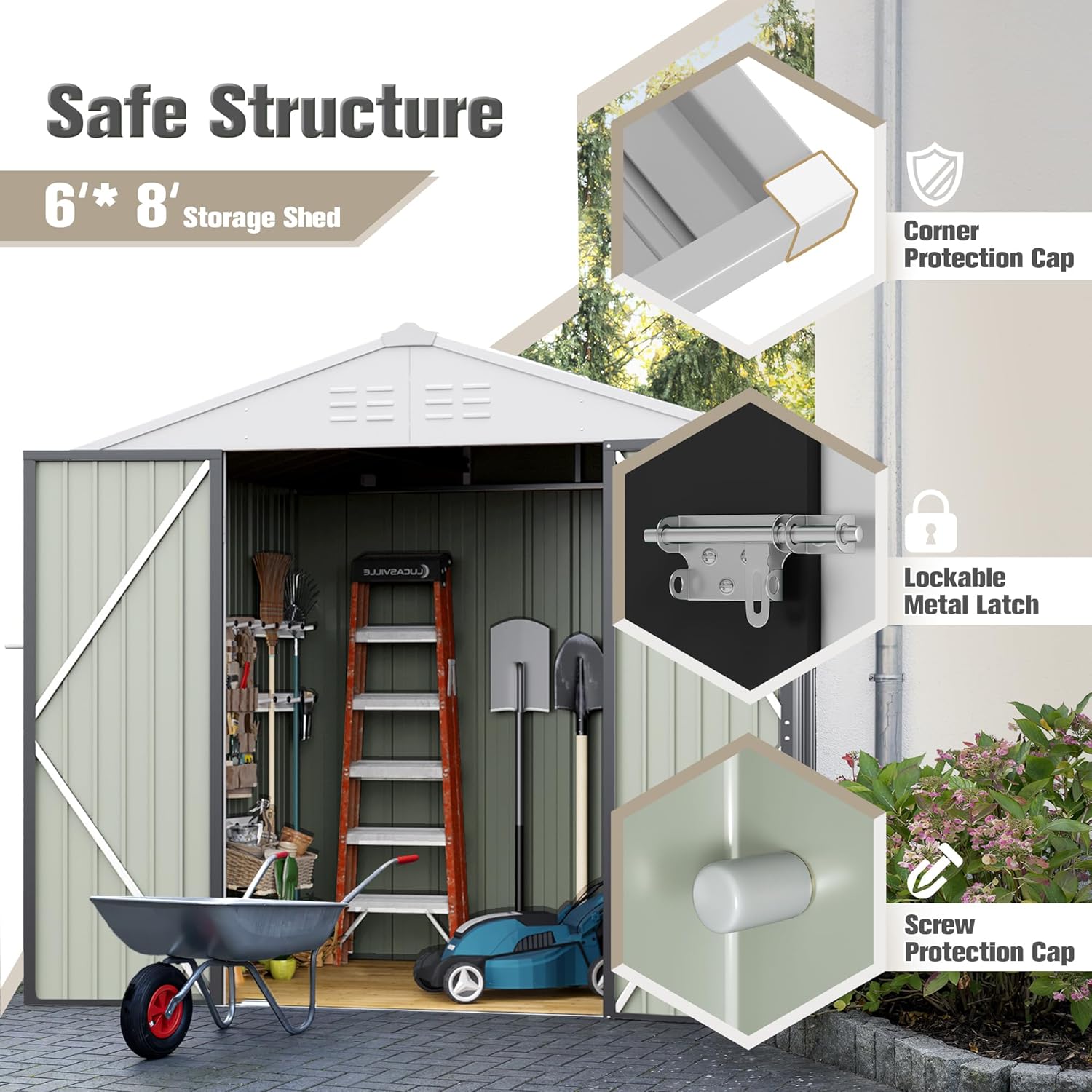Gray 6' x 8' Metal Outdoor Storage Shed with Lockable Door
