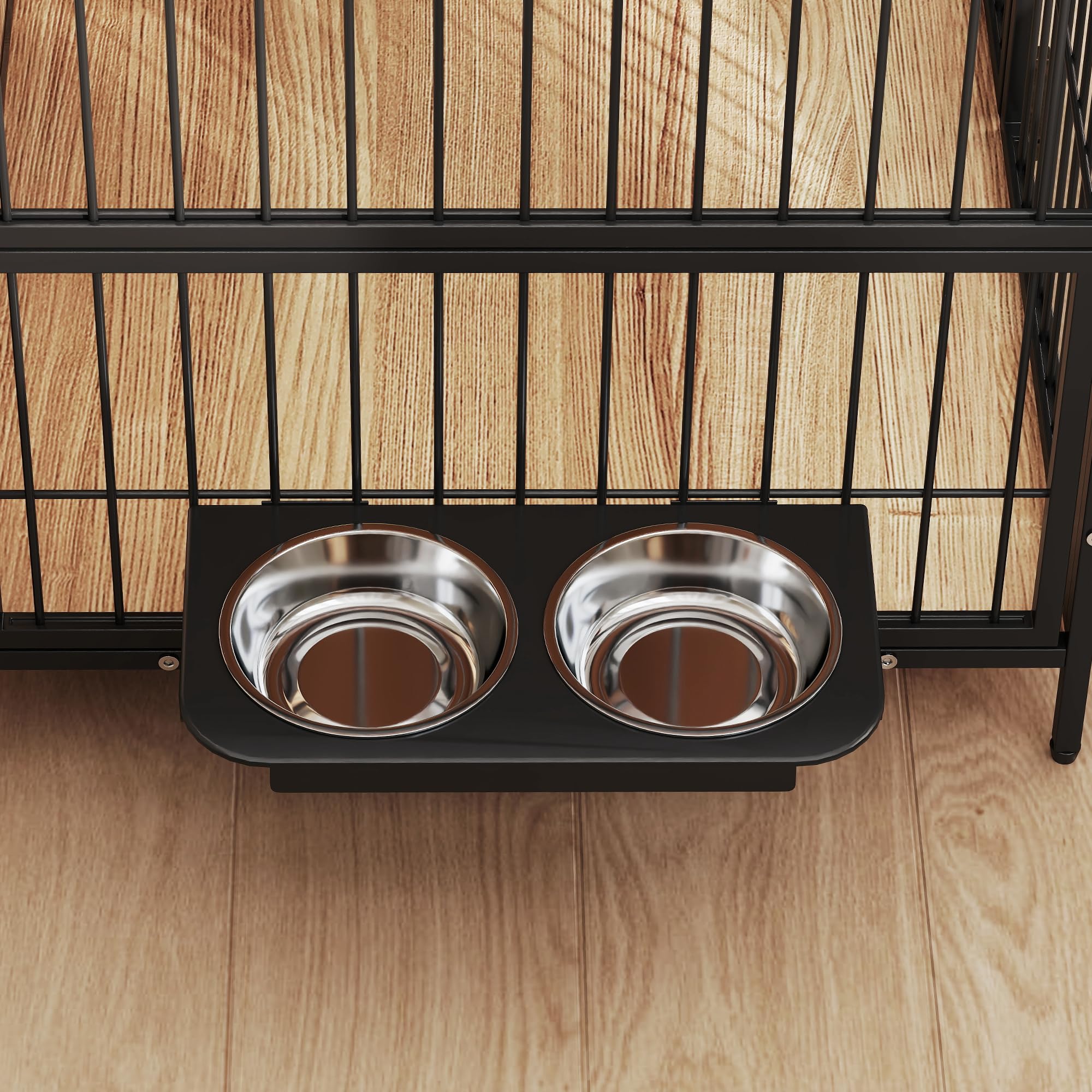 PawHut Jaula para Perros Casa para Mascotas con 2 Puertas y Mesa Auxiliar Moderna con Soporte Giratorio 2 Tazones y Estante de Almacenamiento Superior para Perros Medianos 80x56x76,5 cm Roble