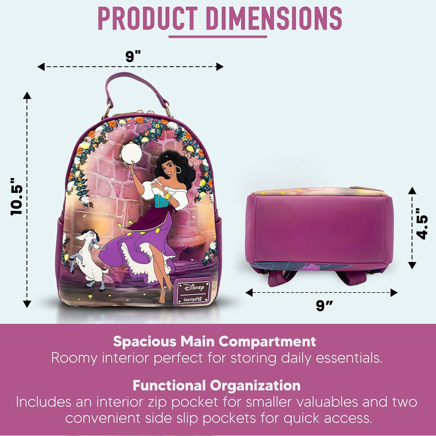 Loungefly Disney Hunchback of Notre Dame Esmeralda Purple Mini Double Strap Shoulder Bag, Debossed with Embroidered Flowers