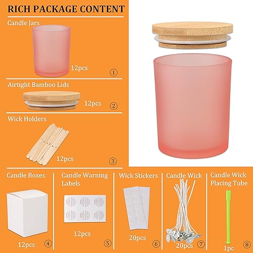 Miniatura 2 de MILIVIXAY Paquete de 12 tarros de vela de vidrio rosa mate de 12 onzas con tapas y kits de fabricación de velas, tarros de velas vacíos a granel