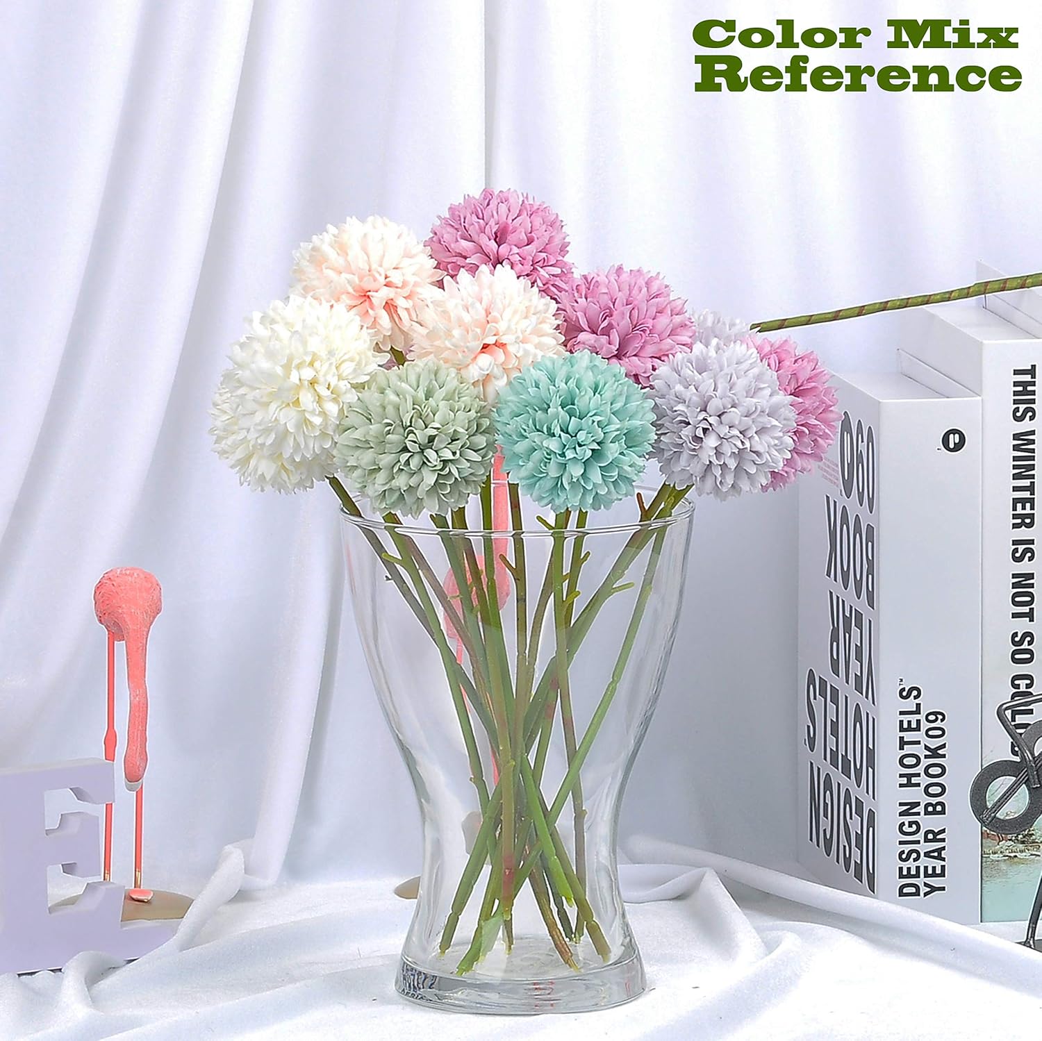 Artificial Pom Pom Mum Chrysanthemum 24pcs 11 Inch Pompon Mum Flowers for Wedding Bridal DIY Bouquet Home Décor Centerpieces(White)