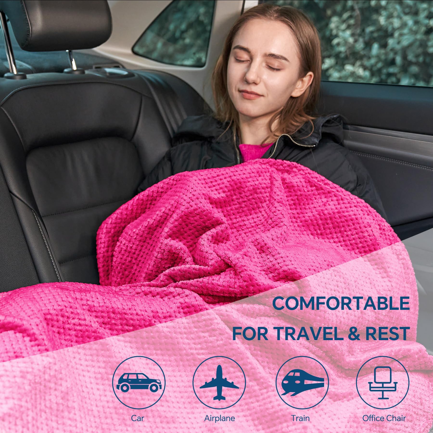 BEDELITE Travel Blanket with Bag, Jacquard Fleece Blanket 65"x40", Hot Pink view 7