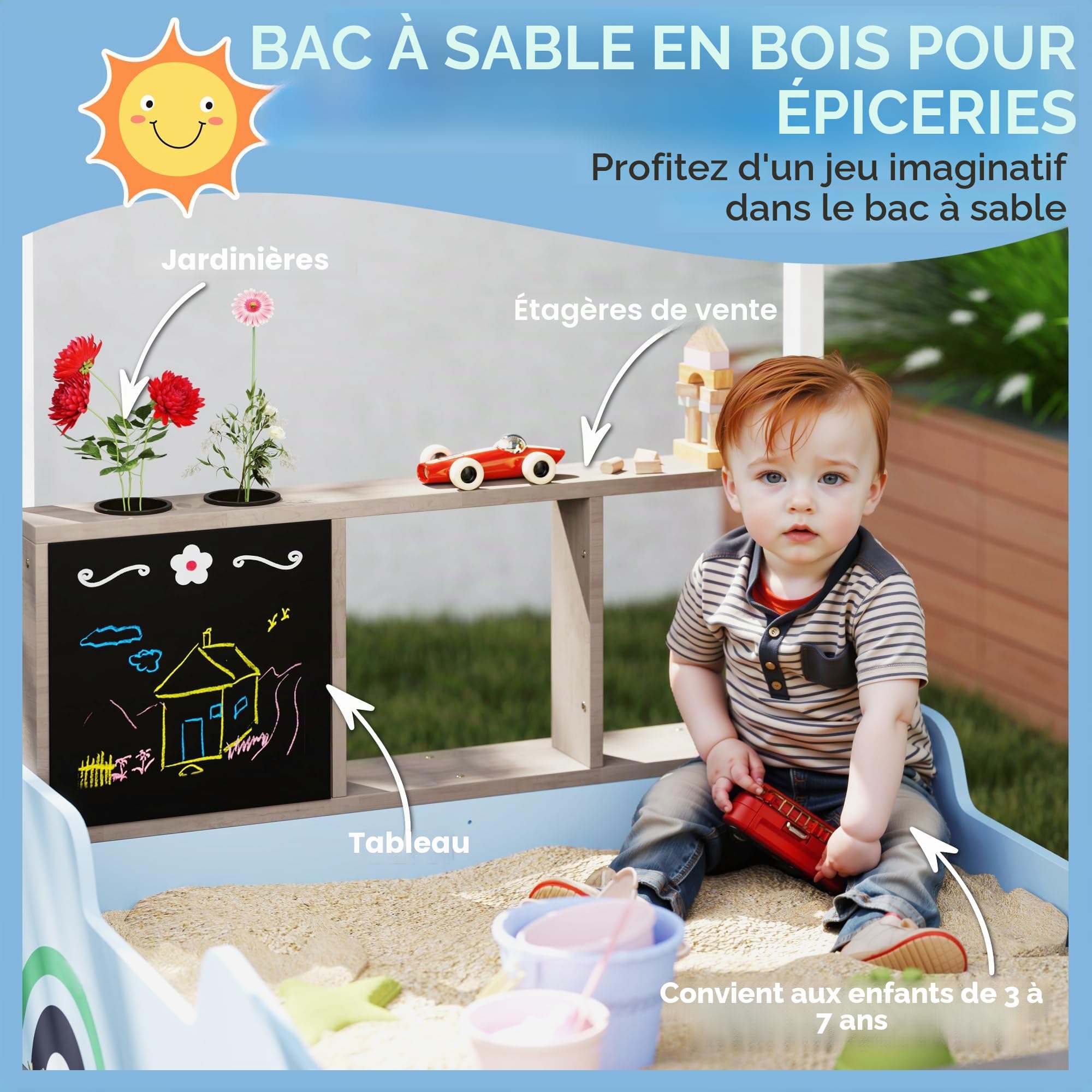Qaba Bac à Sable en Bois avec auvent, bancs, 3-7 Ans, Bleu