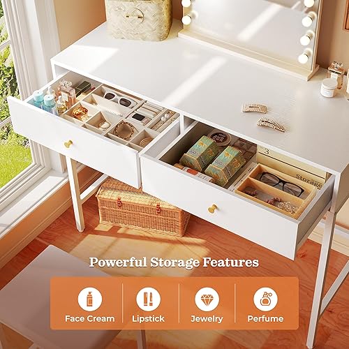 Miniatura 4 de SUPERJARE 35.4" White Desk with 2 Drawers, Modern Makeup Vanity with Padded Stool, Small Computer Desk Home Office Desk for Writing Study Bedroom