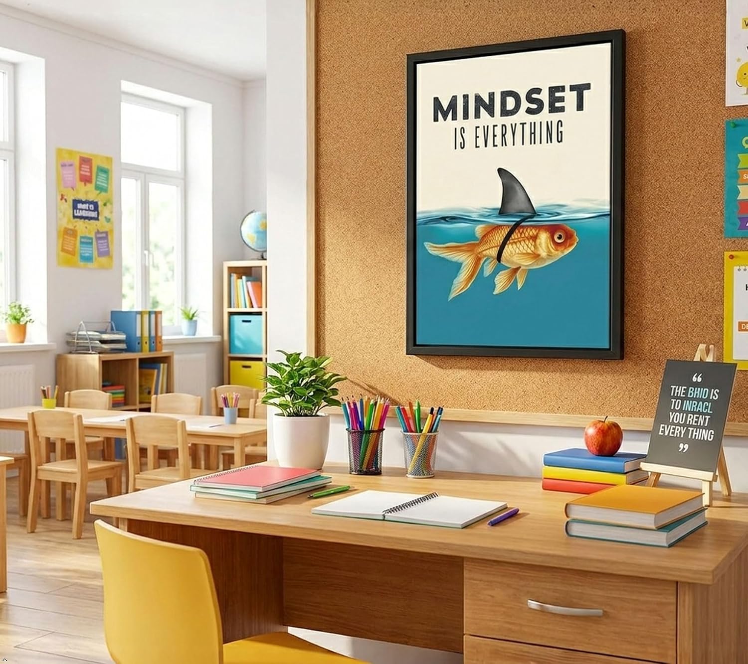 Floating Framed Mindset Is Everything Canvas Wall Art, Motivational Goldfish Shark Painting Picture Wall Decor, Inspirational Positive Quotes Poster Print Artwork for Office Home Decoration 8x10in