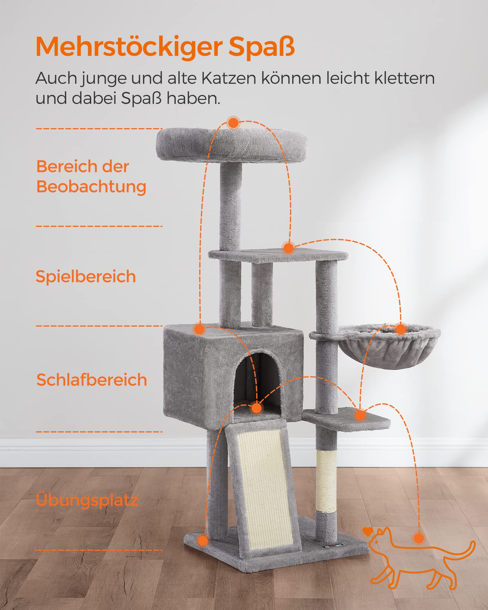 Feandrea Kratzbaum, 135 cm Kleiner Katzenbaum, mehrstöckiger Plüsch-Katzekratzbaum mit waschbarer, Abnehmbarer Sitzstange, Kratzstamm, Korb, Höhle, hellgrau