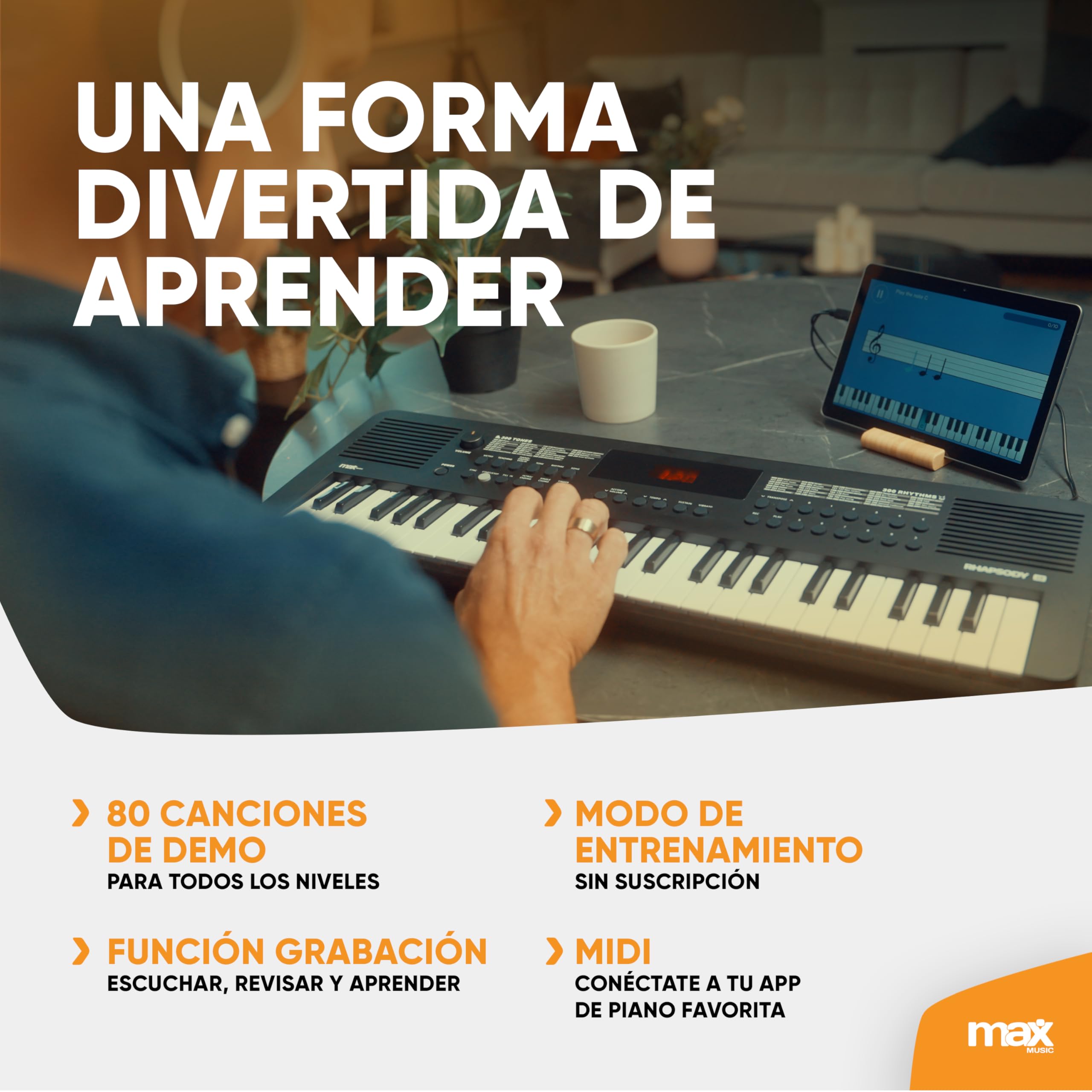 MAX Rhapsody49 - Piano eléctrico de 49 teclas para principiantes con función de aprendizaje, teclado con altavoz, pantalla LED, 80 canciones de demo, 300 de sonido y ritmos, USB-C, Midi y auriculares