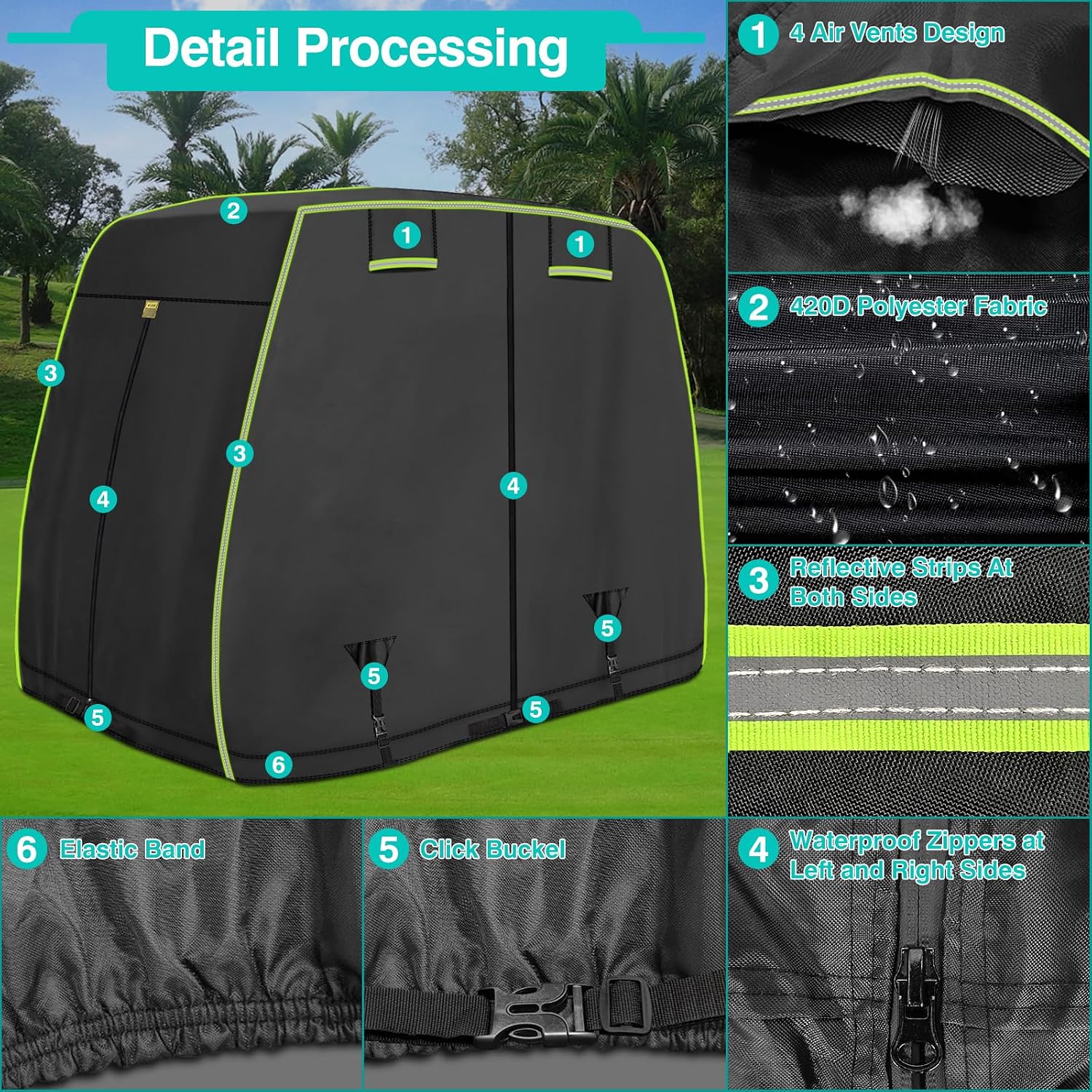 Golf Cart Covers 4 Passenger Fits for EZGO, Club Car, Yamaha Golf Cart, 420D Oxford Waterproof Golf Cart Covers with Reflective Strips, For Outdoor Windproof, Dustproof Golf Cart Cover 2/4 Passenger