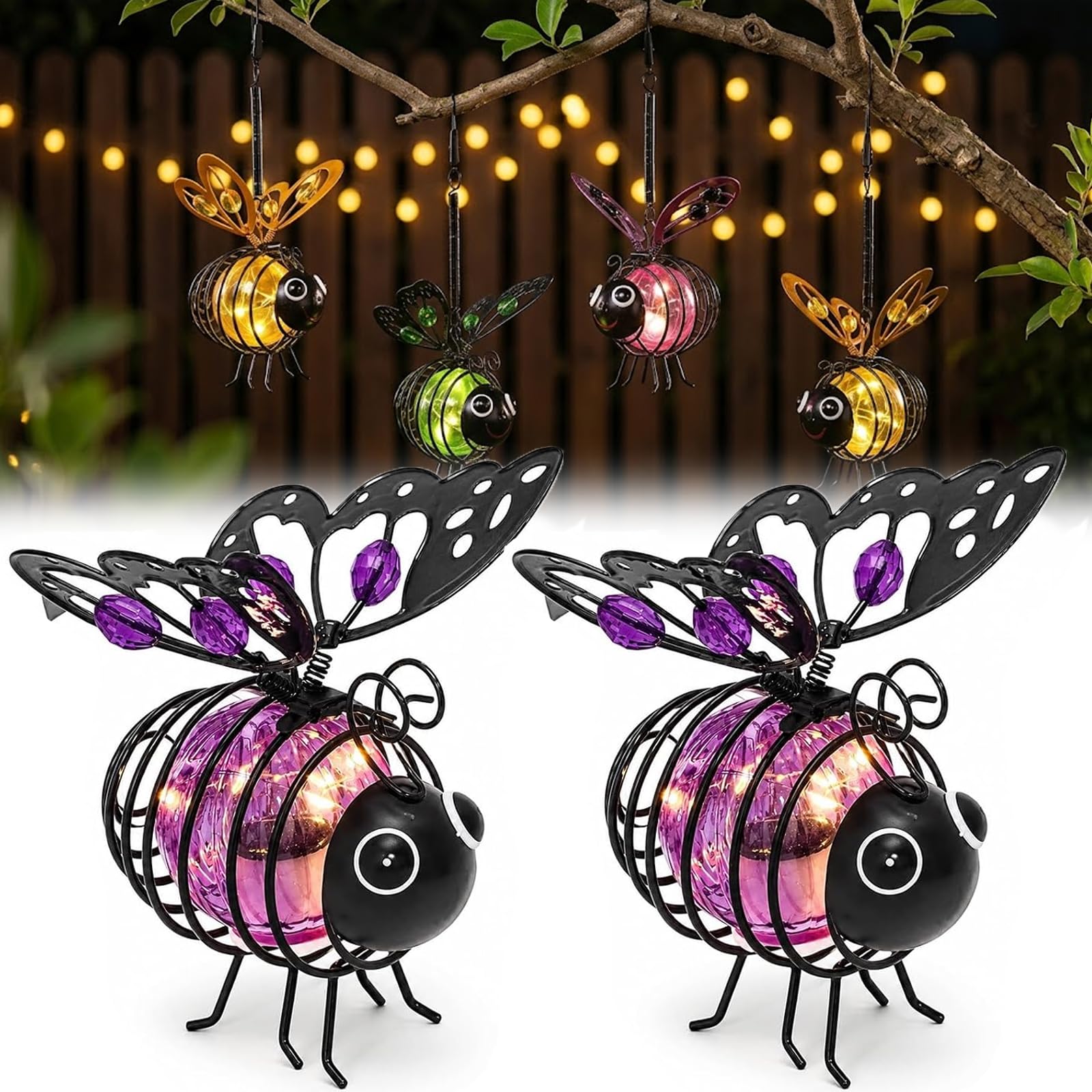 Solar-Powered Hanging Bee Light for Garden, Flicker-Free, Waterproof，2pcs D