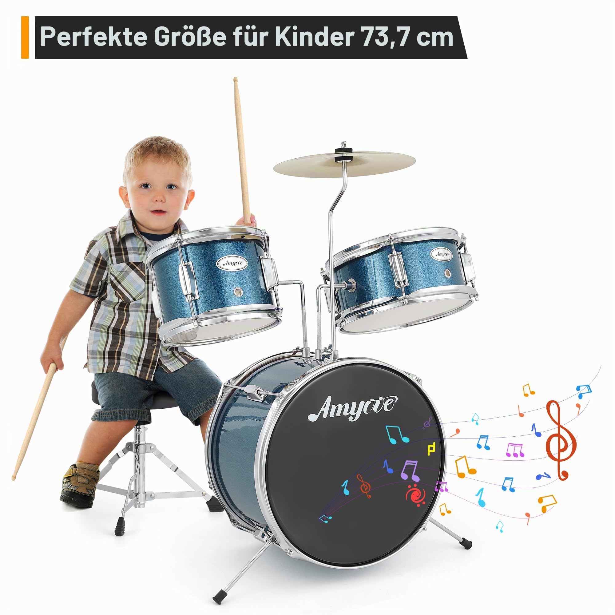 Kinder-Schlagzeug 3-Teilig Schlagzeugset – Kompaktes Schlagzeug Für Anfänger mit Bass Drum, Snare, Tom, Becken & Hocker – Hartholz & Stahl, Blau, für Konzert & Übung ab 6 Jahren