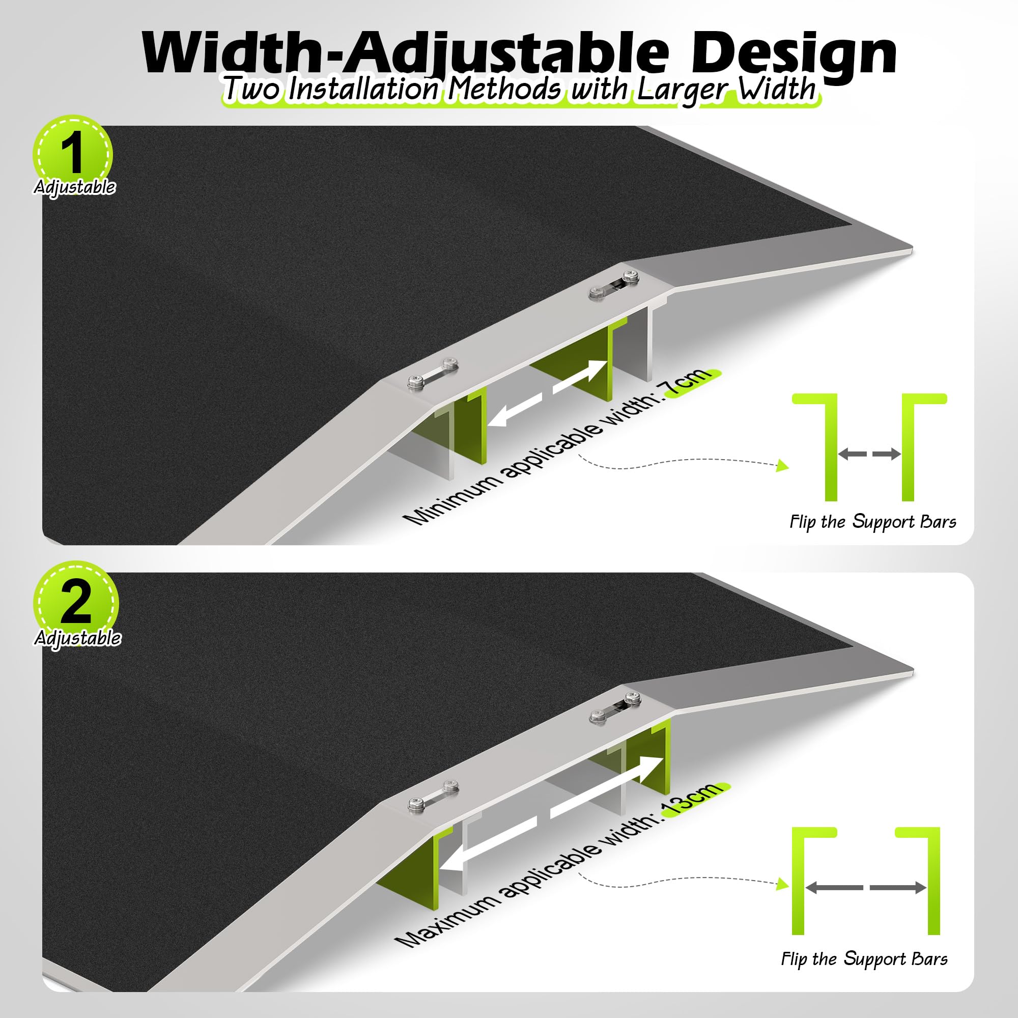 2 rampas de umbral de puente de aluminio de 30 cm de largo x 4 cm de alto para puertas, se adapta a umbrales de 7 a 13 cm de ancho con barras ajustables, rampas antideslizantes para silla de