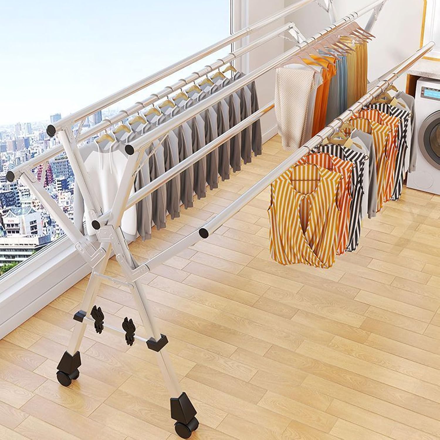 HUHJYUGE Foldable Portable Clothing Drying Rack, 5-Pole Heavy Duty Clothes Drying Rack, Stainless Steel Laundry Drying Rack with Wheels, Length Adjustable Clothes Airer (160cm/63inch)