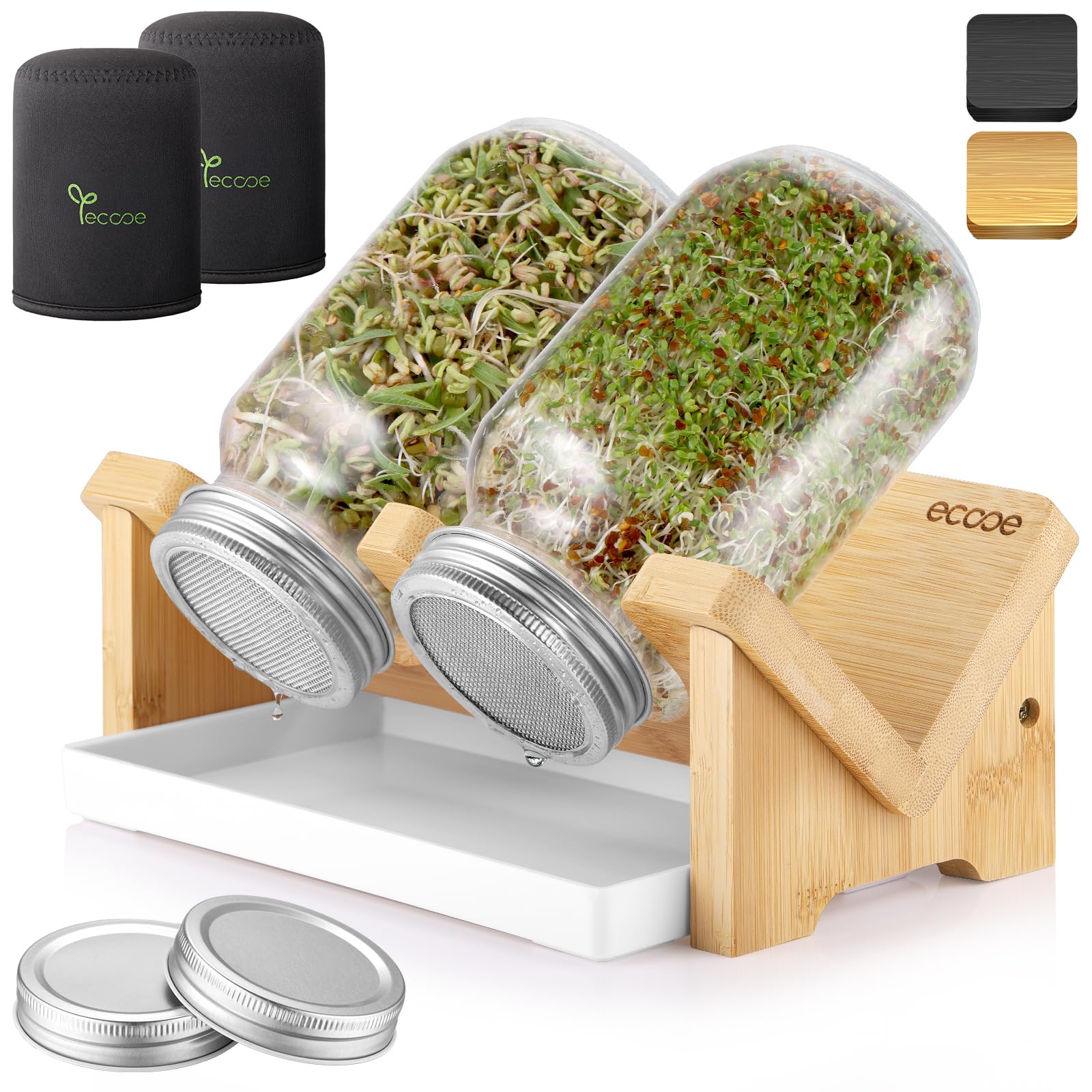 ecooe Sprossen Keimglas 2er Set - Sprossenglas mit Bambushalterung, Abdunklungshüllen, Filterkappe aus Edelstahl und 1 Wasserschale - 750 ml Keimgläser Set für Sprossen Brokkolisprossen Keimlinge