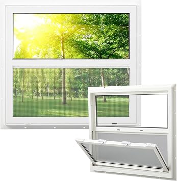 Pushglossy 30" x 27" Mobile Home Window Insulated Vinyl Low E Mobile Home Windows Replacement, Lower Tilt Sash Screen Included, Clear Double Pane Glass, Single Hung for House Basement Parts, White