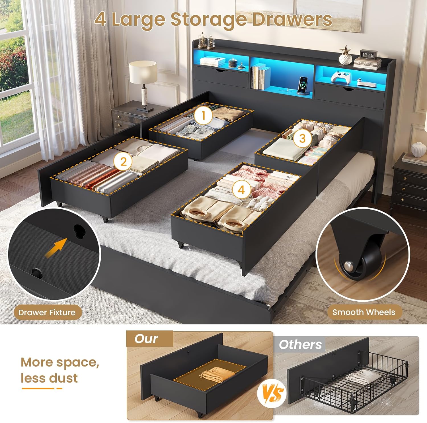DICTAC Queen Bed Frame with Bookcase Headboard and 4 Storage Drawers, Black Platform Bed Queen Size with LED Lights and Charging Station, Heavy-Duty Metal Slats, No Box Spring Needed, Quiet & Sturdy