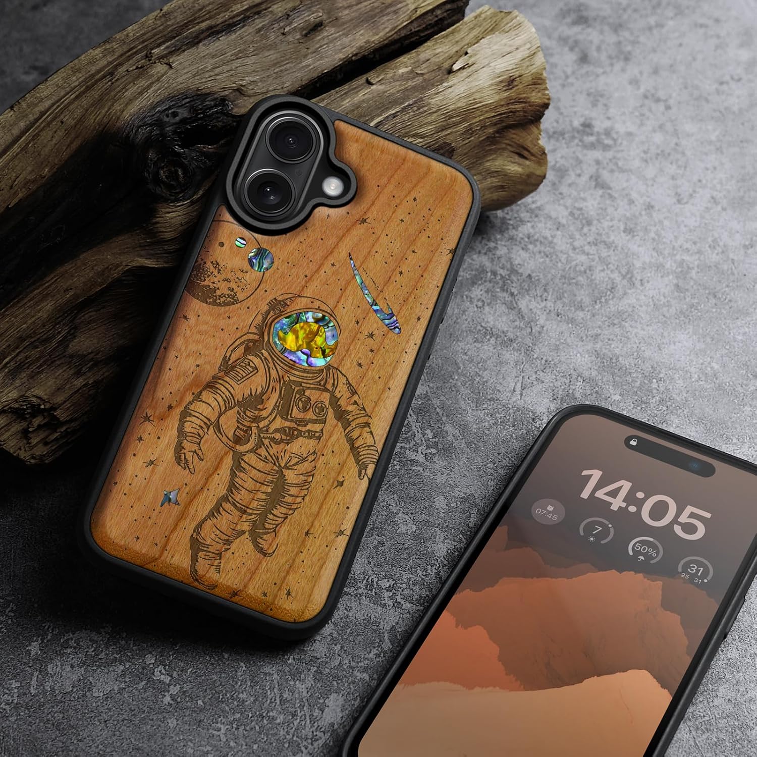 Carveit Magnetic Case for iPhone 16 Plus Case, Wood Artisan Engraved & Handmade Shell Inlaid, TPU Shockproof Cover, Compatible with MagSafe Wireless Chargers (Cosmic Wanderer) Cherry