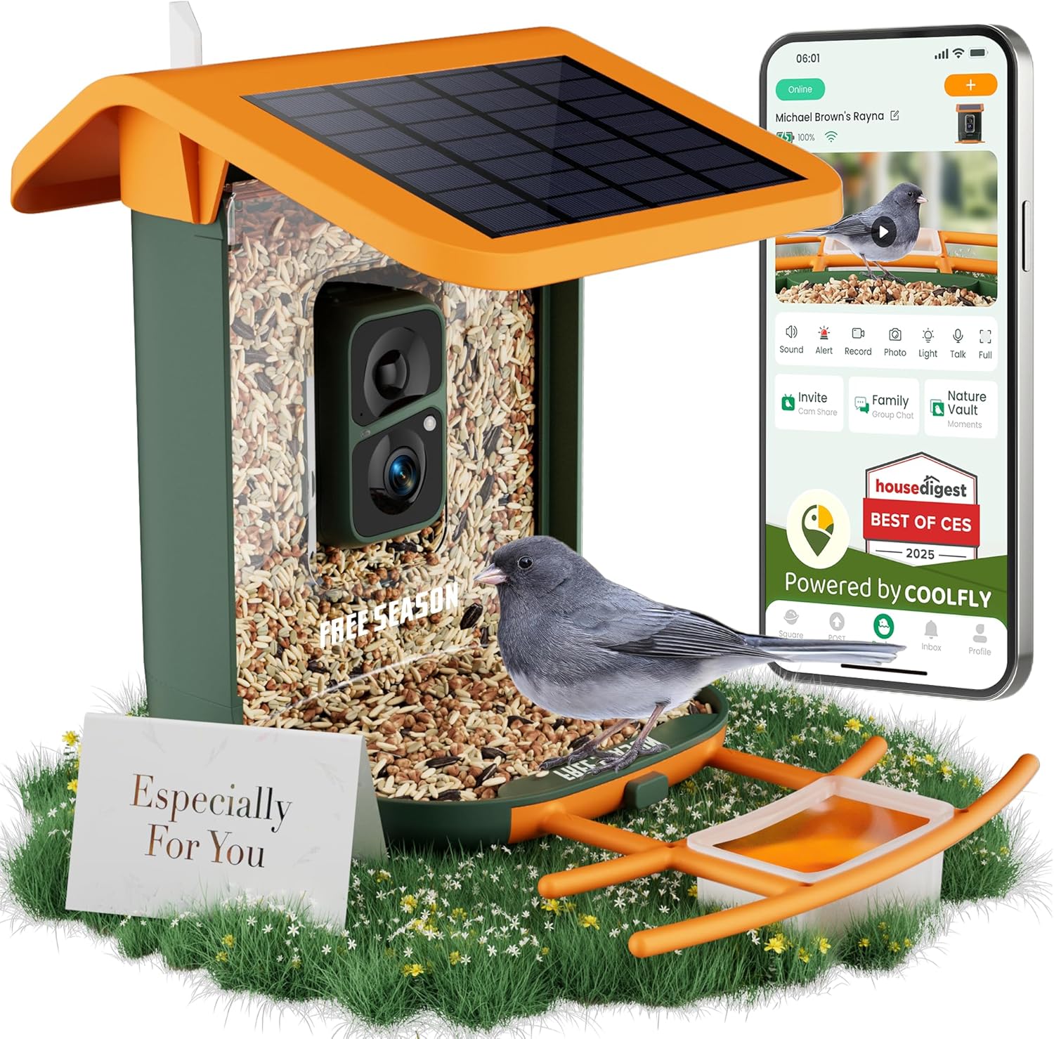 Smart Bird Feeder with Camera, Solar Powered, Free AI Identify Auto Video Capture & 2K HD Video Bird Feeders for Outdoors with SD Card, Gift for Birdlover