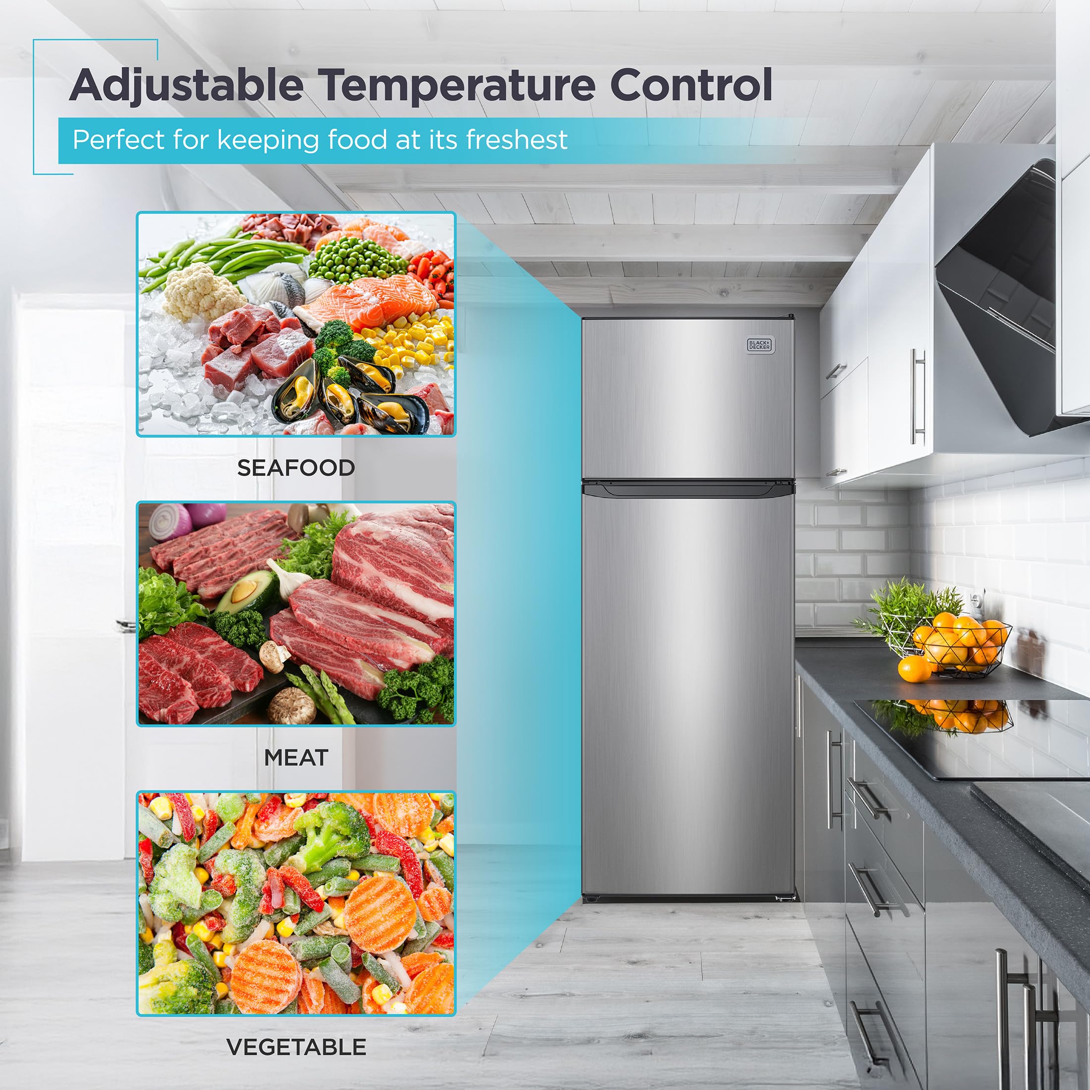 BLACK+DECKER 12 Cu. Ft. Top Mount Refrigerator with Freezer, 2 Door Fridge with Top Freezer and Adjustable Temperature Control, For Homes and Apartments, BDA12GLAS, Stainless Steel Look on Fridge.com