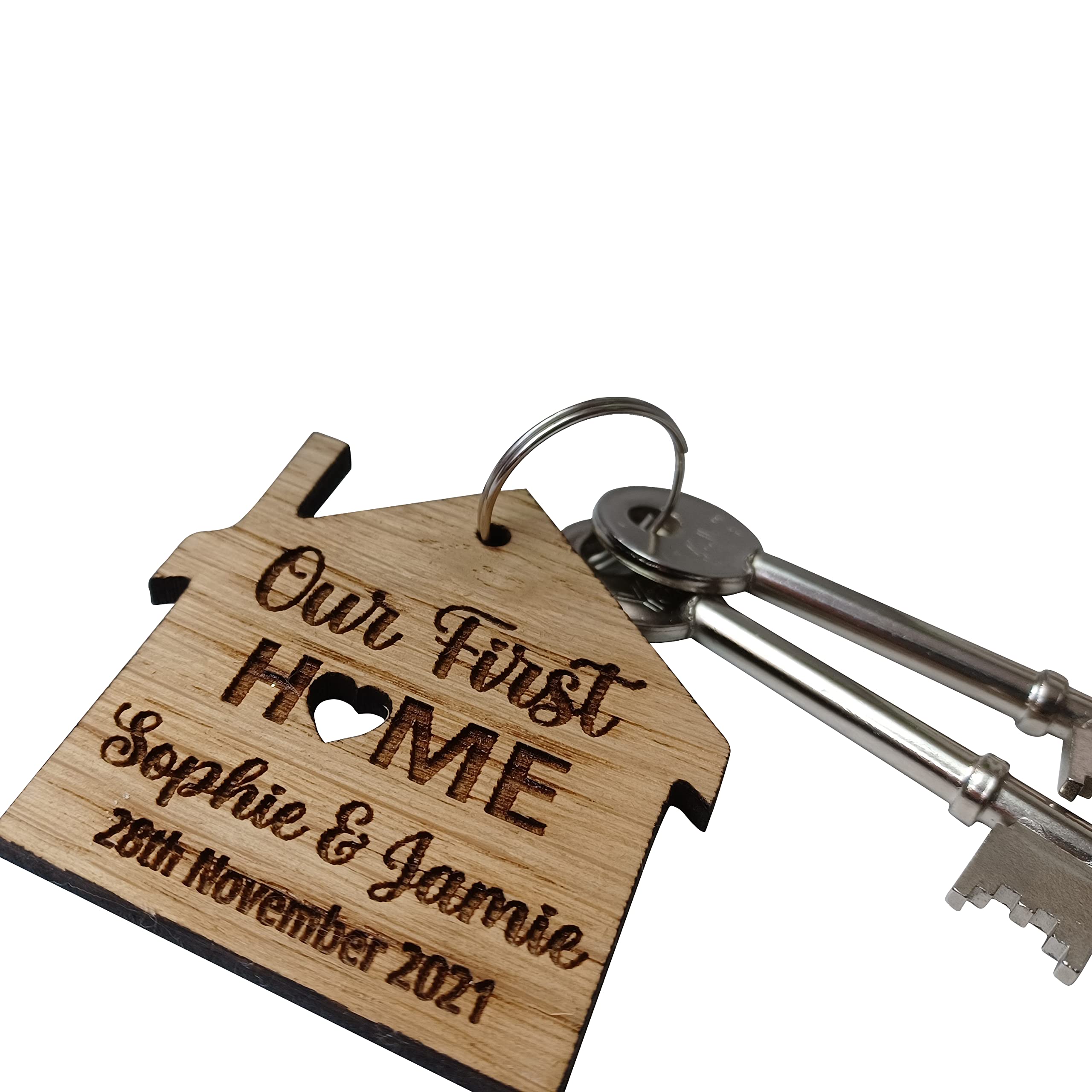 MadeAt94 Our First Home Personalised Wooden Keyring for Friends Newly Married Gift Key Holder