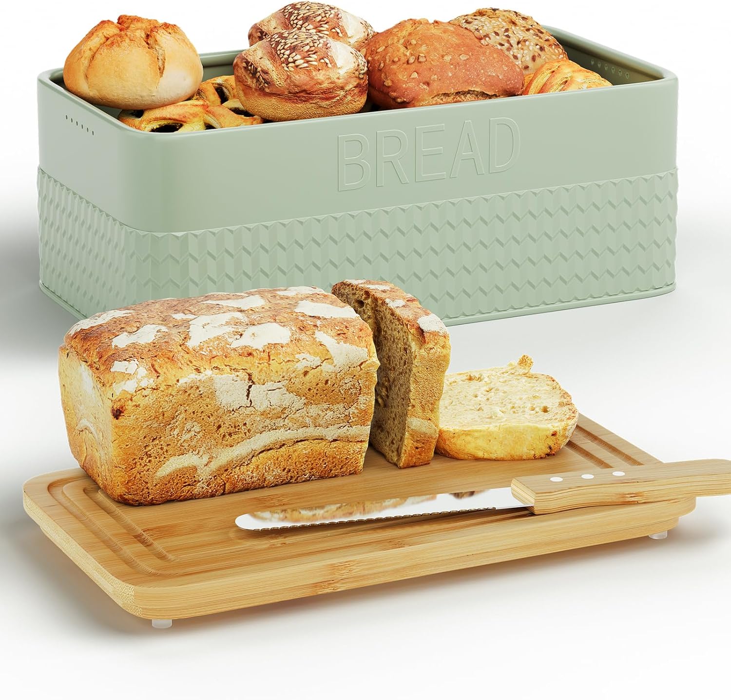 Bread Box for Kitchen Countertop,Metal Bread Storage Bin with Bamboo Cutting Board Lid, Includes Bread Knife, Fits Sourdough & Buns, Stylish Organize (Green)