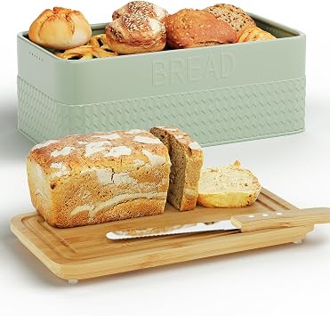 Bread Box for Kitchen Countertop,Metal Bread Storage Bin with Bamboo Cutting Board Lid, Includes Bread Knife, Fits Sourdough & Buns, Stylish Organize Green