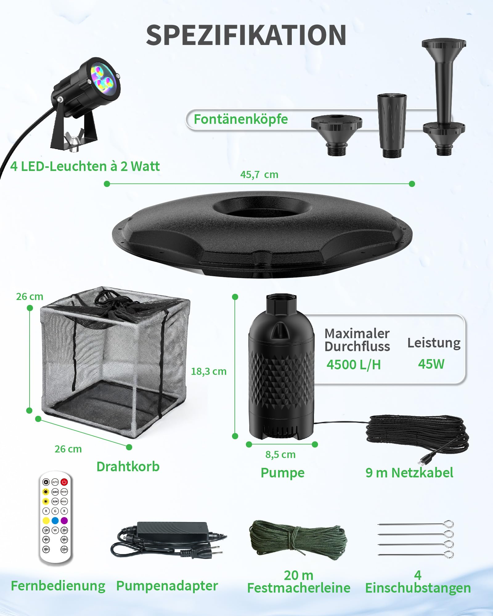 POPOSOAP Kit Completo de Fuente Flotante para Estanque y Aireador con Luces LED, Bomba 4600 L/h, Cable 9m, 3 Tipos de Chorro para Estanques, Albercas y Jardines Acuáticos