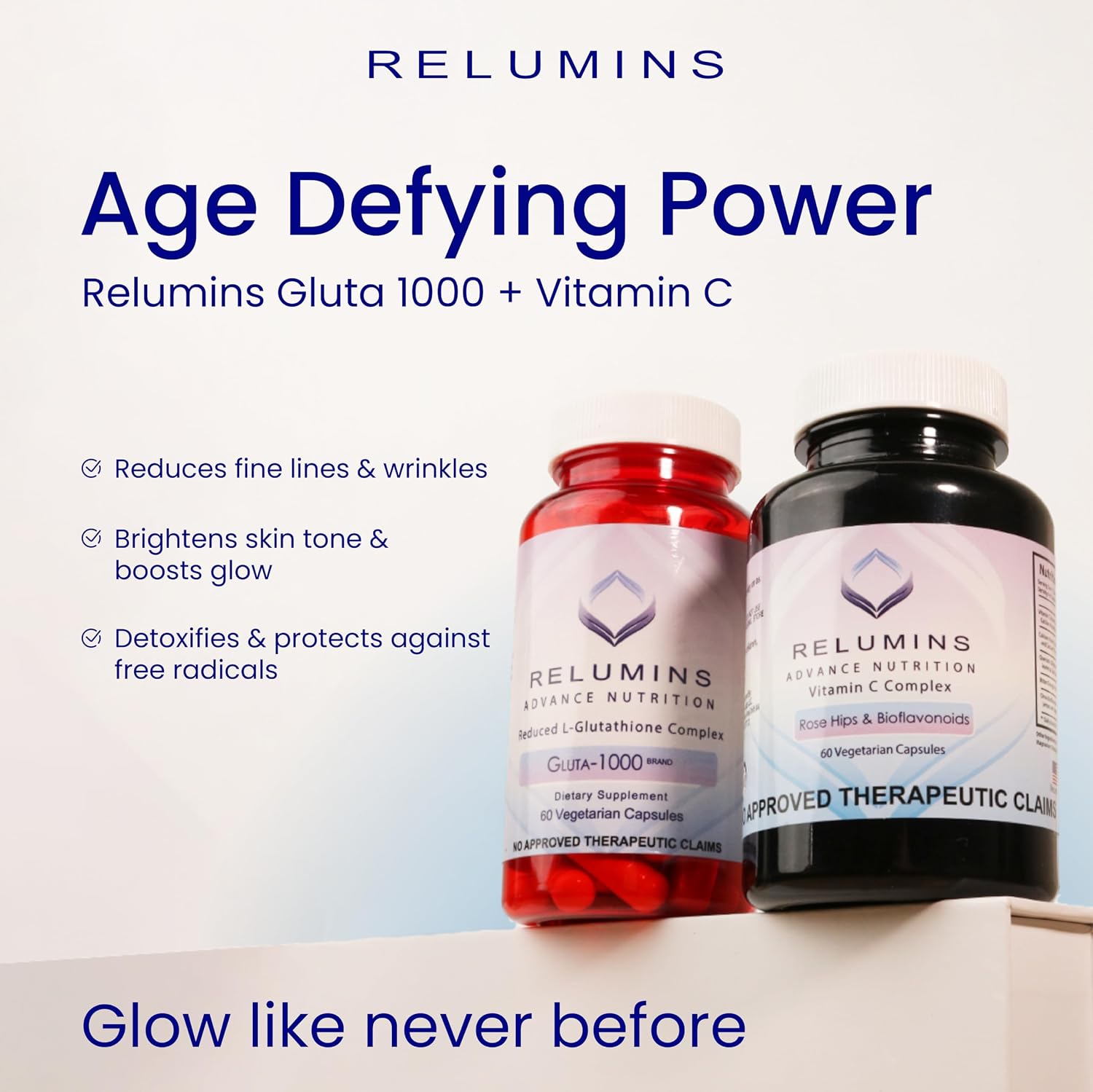 Relumins L-Glutathione & Vitamin C Supplement Bundle – 1000mg Reduced Glutathione Complex with Alpha Lipoic Acid & Rose HIPS (30 Capsules) + MAX Vitamin C 1000mg (60 Capsules)