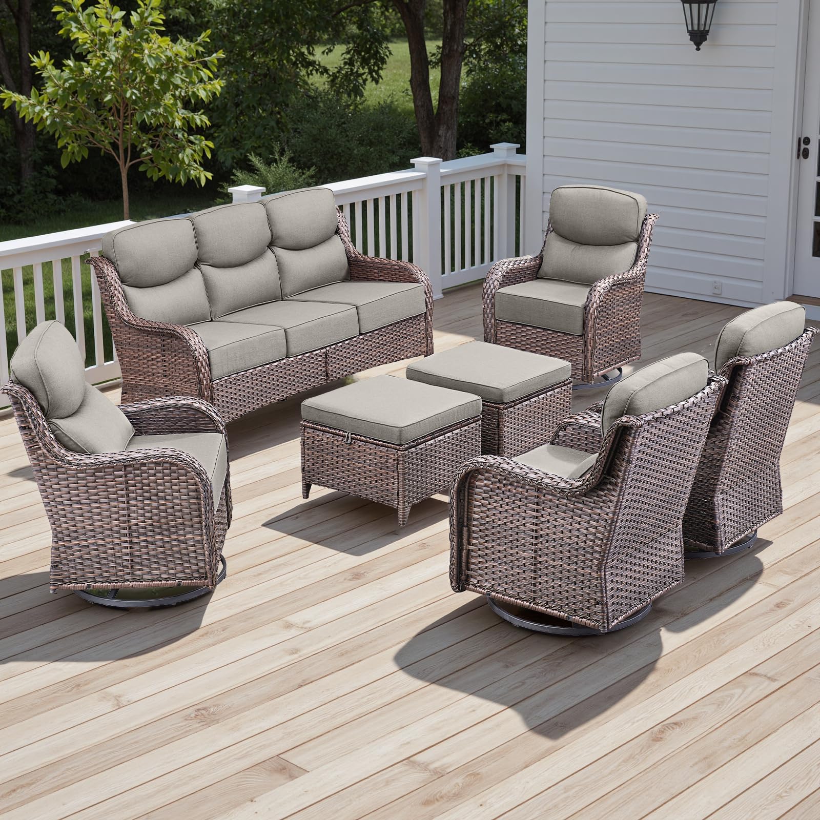 Rilyson Wicker Outdoor Patio Furniture Set - 7 Piece Patio Conversation Sets with Swivel Rocker Chairs, Ottomans and Sofa, 6 inch Cushions, Waterproof