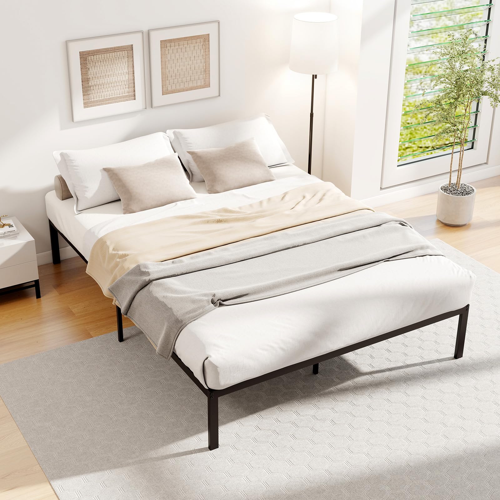 GIANTEX Rama łóżka 140 x 200 cm, metalowe łóżko platformowe ze stelażem z blachy i 9 nogami podpierającymi, miejscem do przechowywania, łatwy montaż, czarna