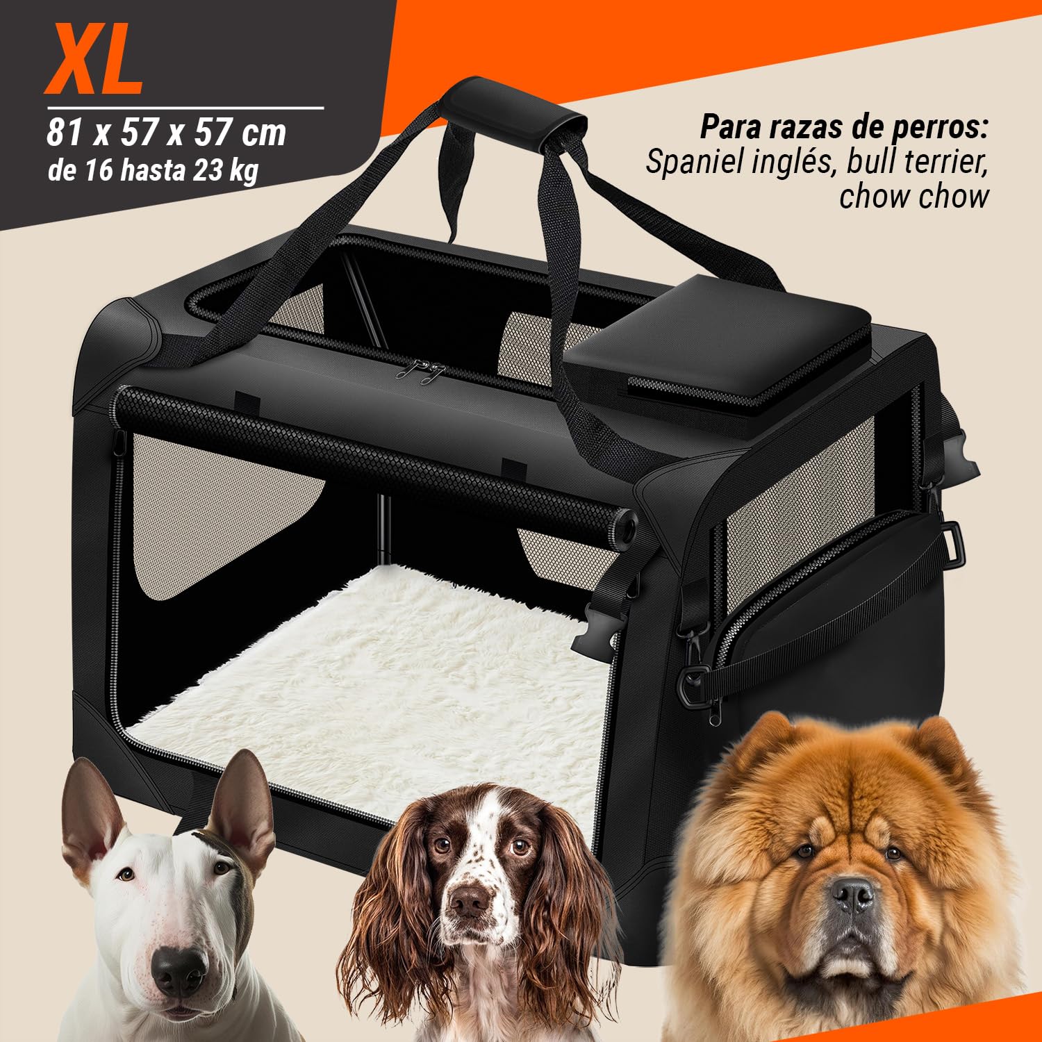 all Pets United® Transportín Plegable para Perros XL - 82x60x60 cm | Bolsa de transporte extensible - estructura de acero - nailon Oxford - apta para tren, coche y avión